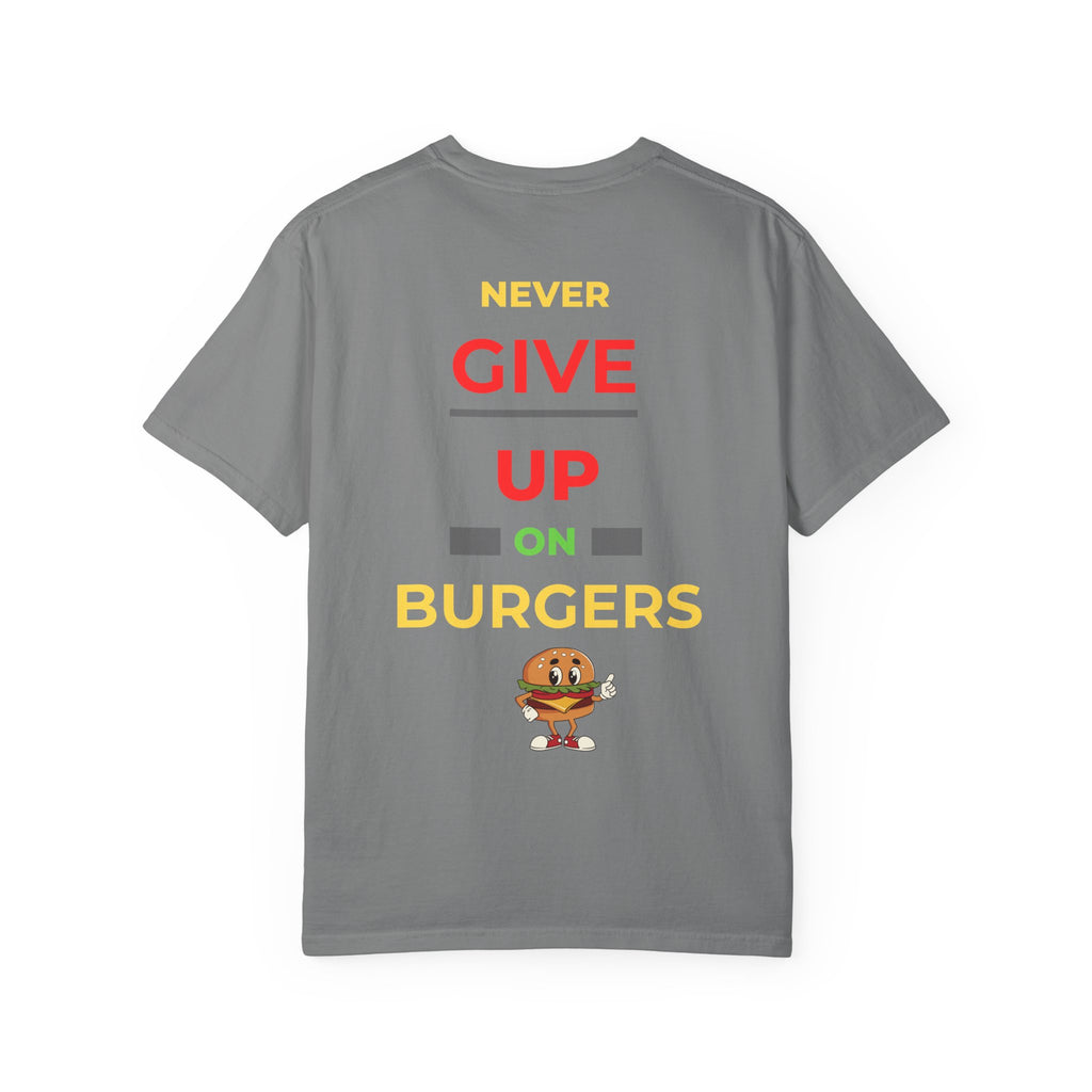 Need Burger T‑Shirt — Funny Low Battery Burger Tee (Never Give Up on Burgers)