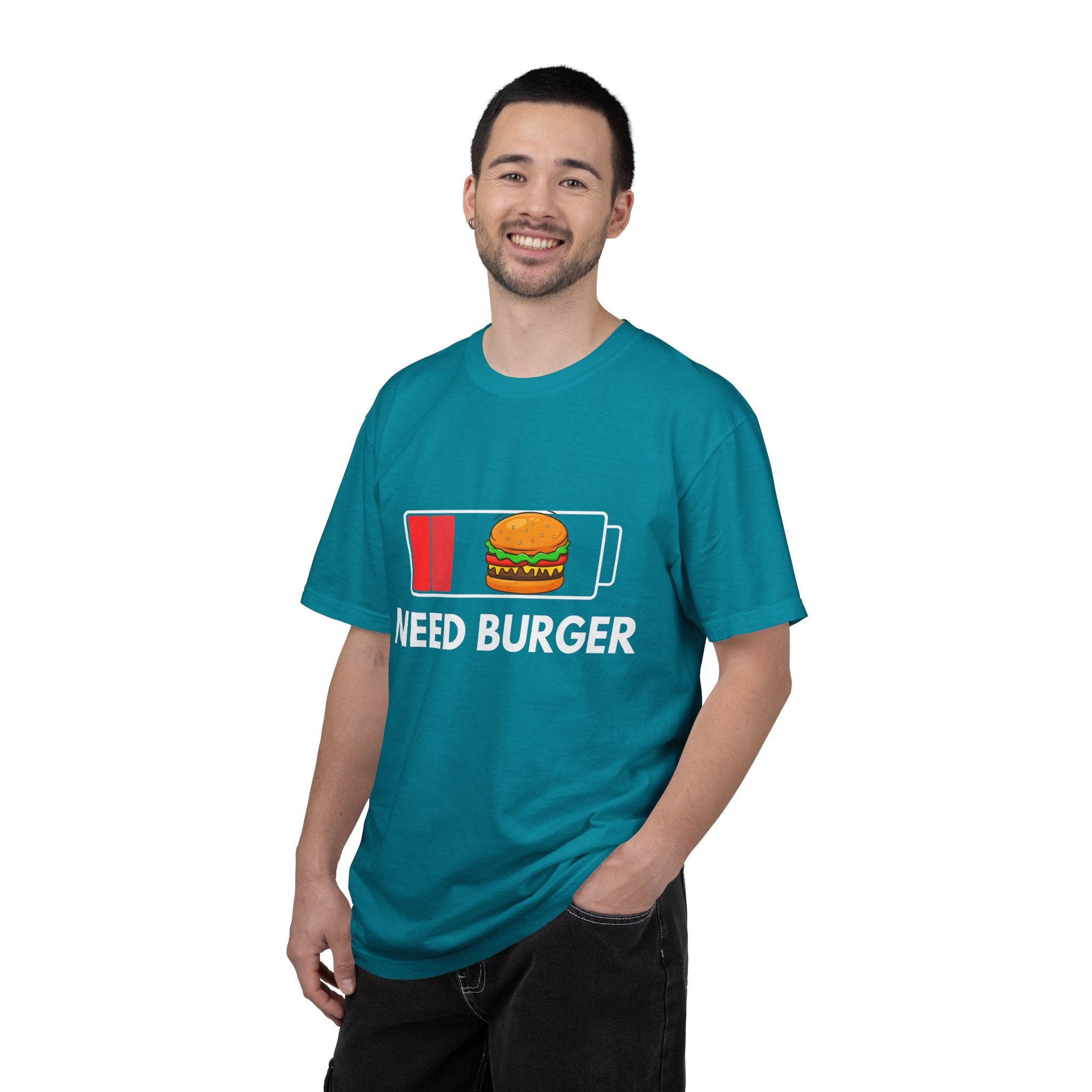 Need Burger T‑Shirt — Funny Low Battery Burger Tee (Never Give Up on Burgers)