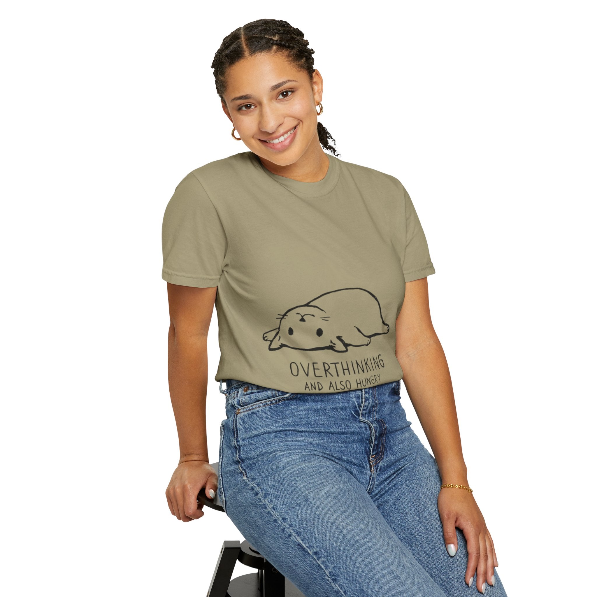 Overthinking and Also Hungry T-Shirt — Cute Lazy Cat Graphic Tee