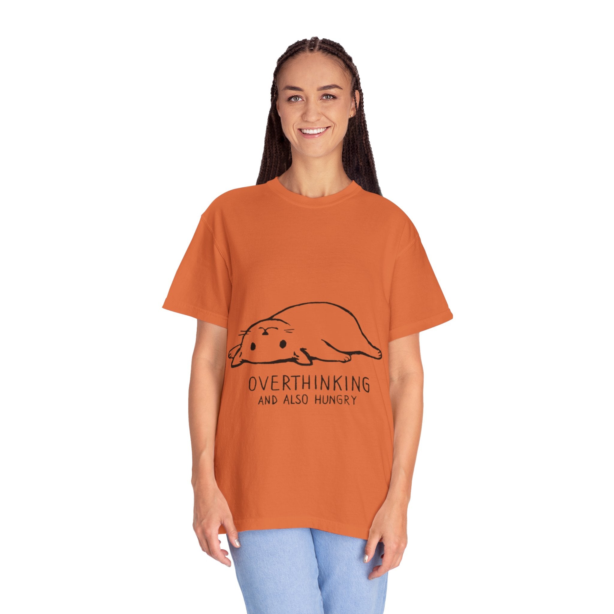 Overthinking and Also Hungry T-Shirt — Cute Lazy Cat Graphic Tee