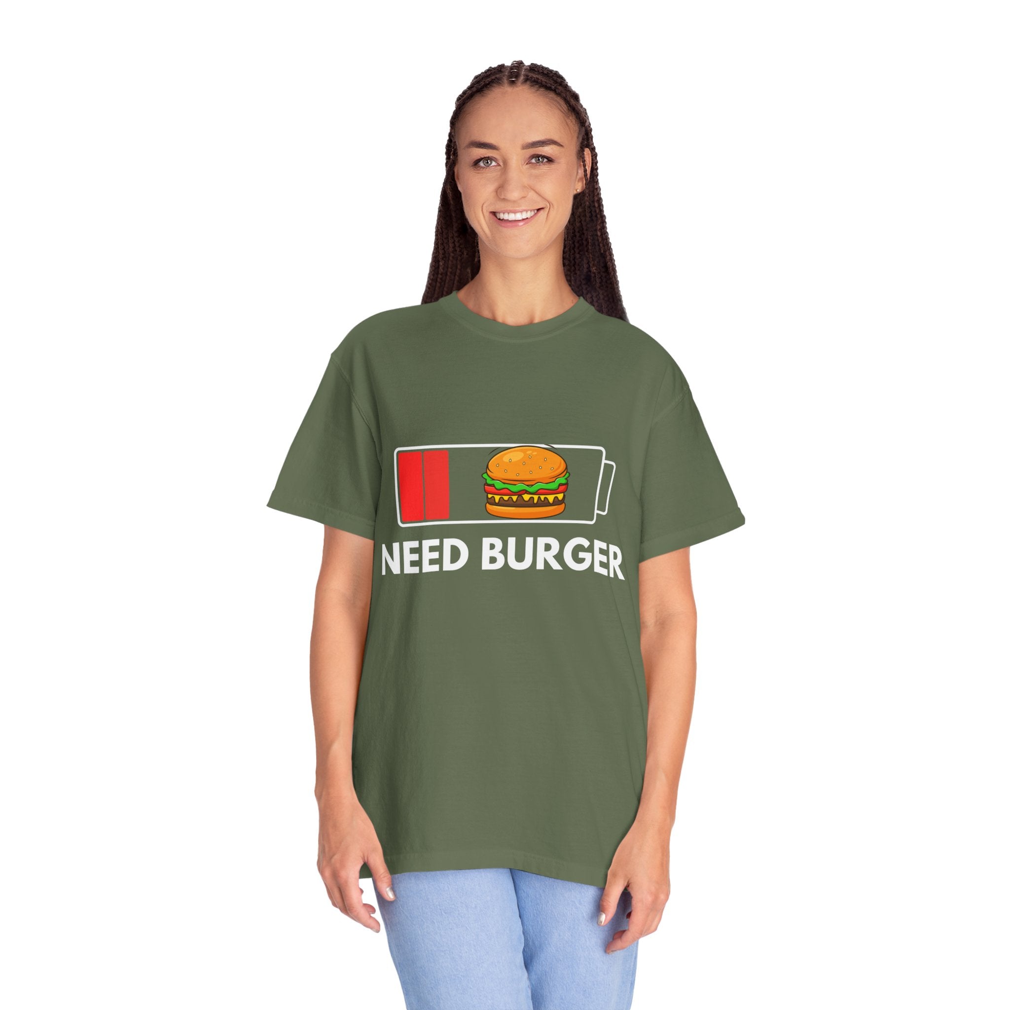 Need Burger T‑Shirt — Funny Low Battery Burger Tee (Never Give Up on Burgers)