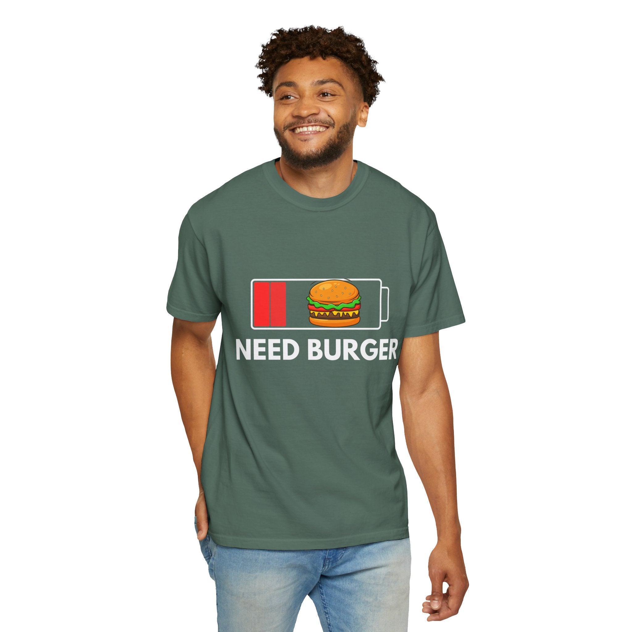 Need Burger T‑Shirt — Funny Low Battery Burger Tee (Never Give Up on Burgers)