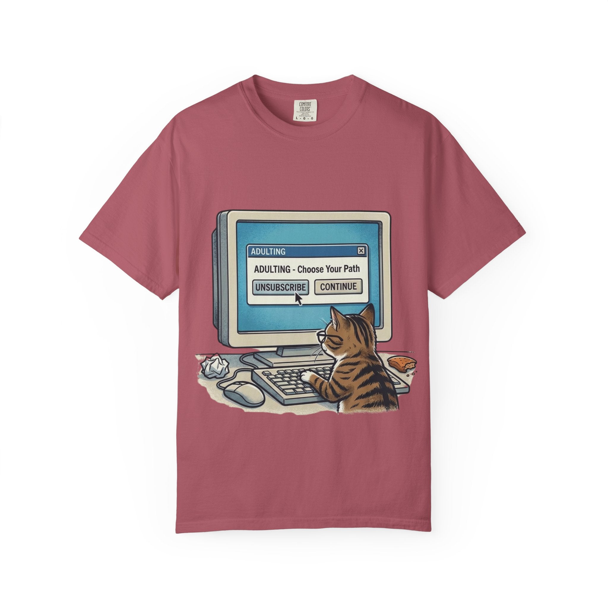 Cat at Computer T-Shirt — "Adulting: Choose Your Path" Graphic Tee