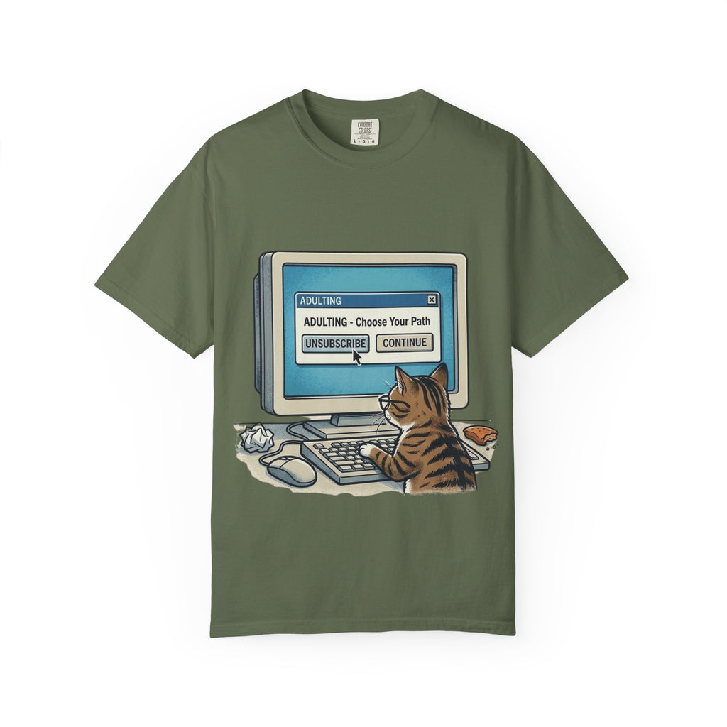 Cat at Computer T-Shirt — "Adulting: Choose Your Path" Graphic Tee