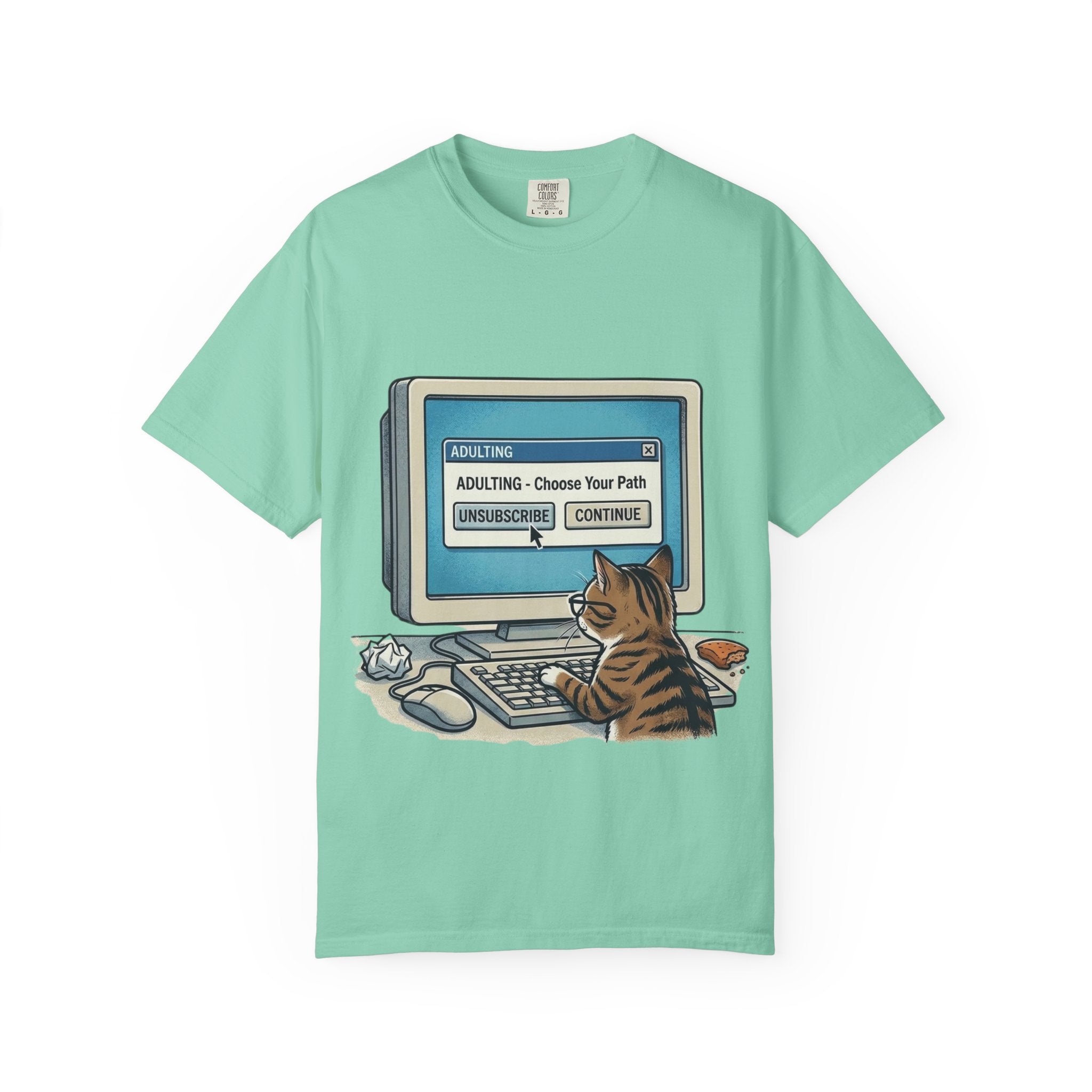 Cat at Computer T-Shirt — "Adulting: Choose Your Path" Graphic Tee