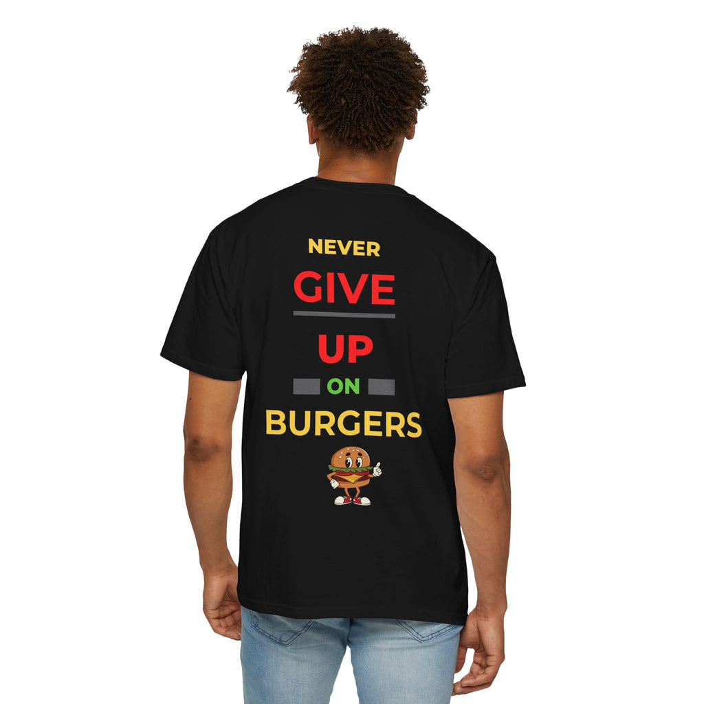 Need Burger T‑Shirt — Funny Low Battery Burger Tee (Never Give Up on Burgers)