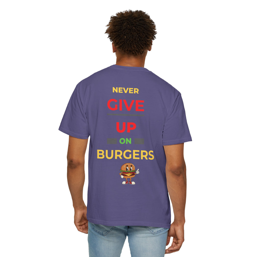 Need Burger T‑Shirt — Funny Low Battery Burger Tee (Never Give Up on Burgers)