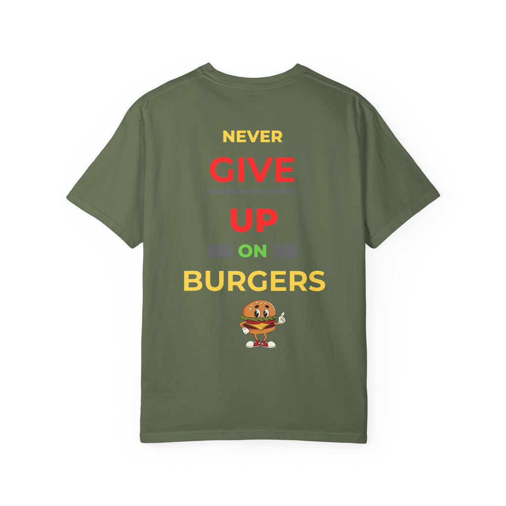Need Burger T‑Shirt — Funny Low Battery Burger Tee (Never Give Up on Burgers)