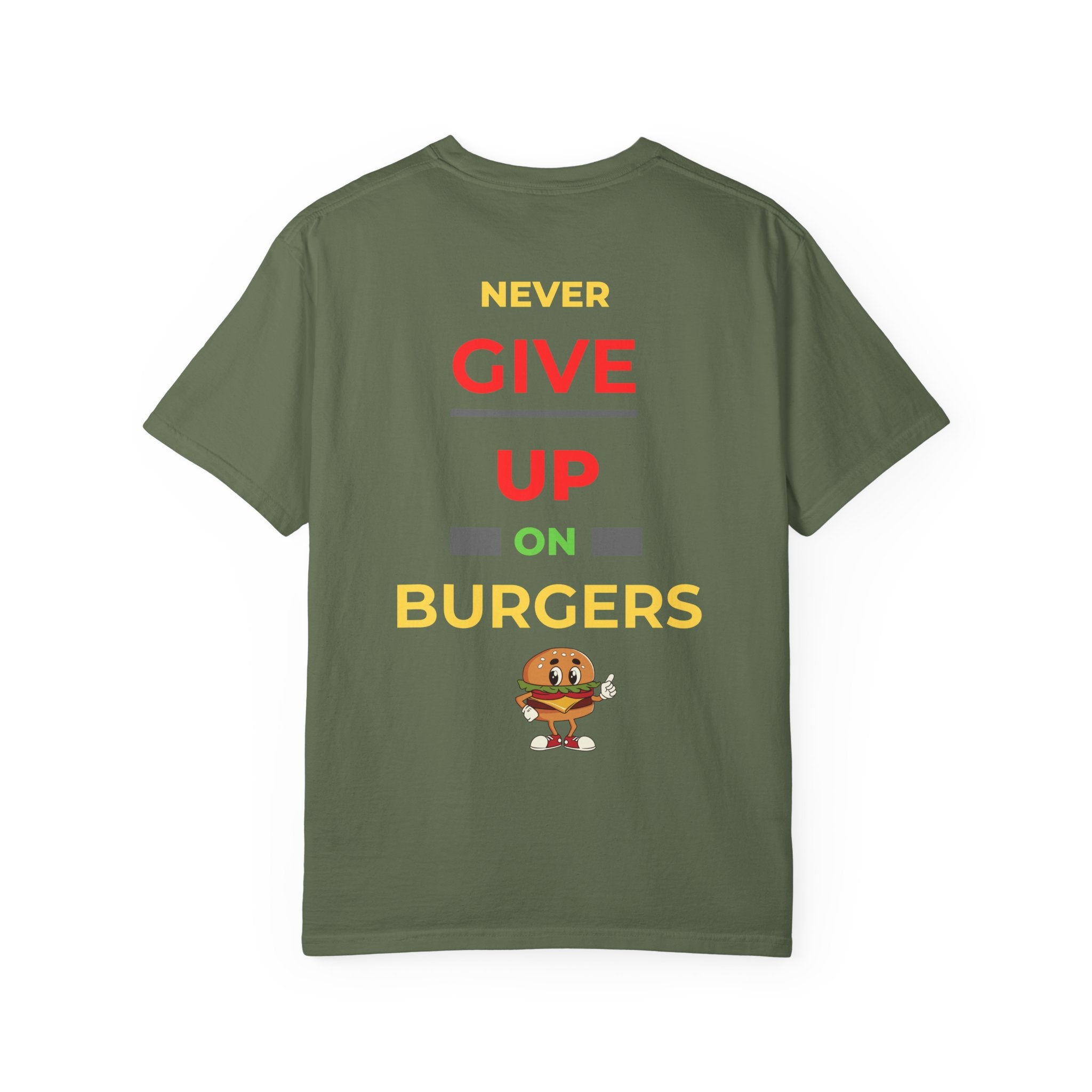 Need Burger T‑Shirt — Funny Low Battery Burger Tee (Never Give Up on Burgers)