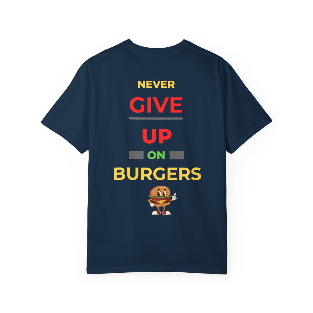 Need Burger T‑Shirt — Funny Low Battery Burger Tee (Never Give Up on Burgers)