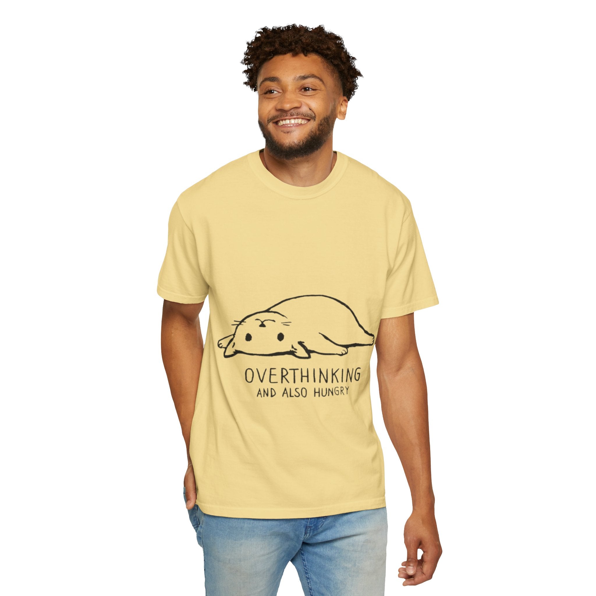 Overthinking and Also Hungry T-Shirt — Cute Lazy Cat Graphic Tee