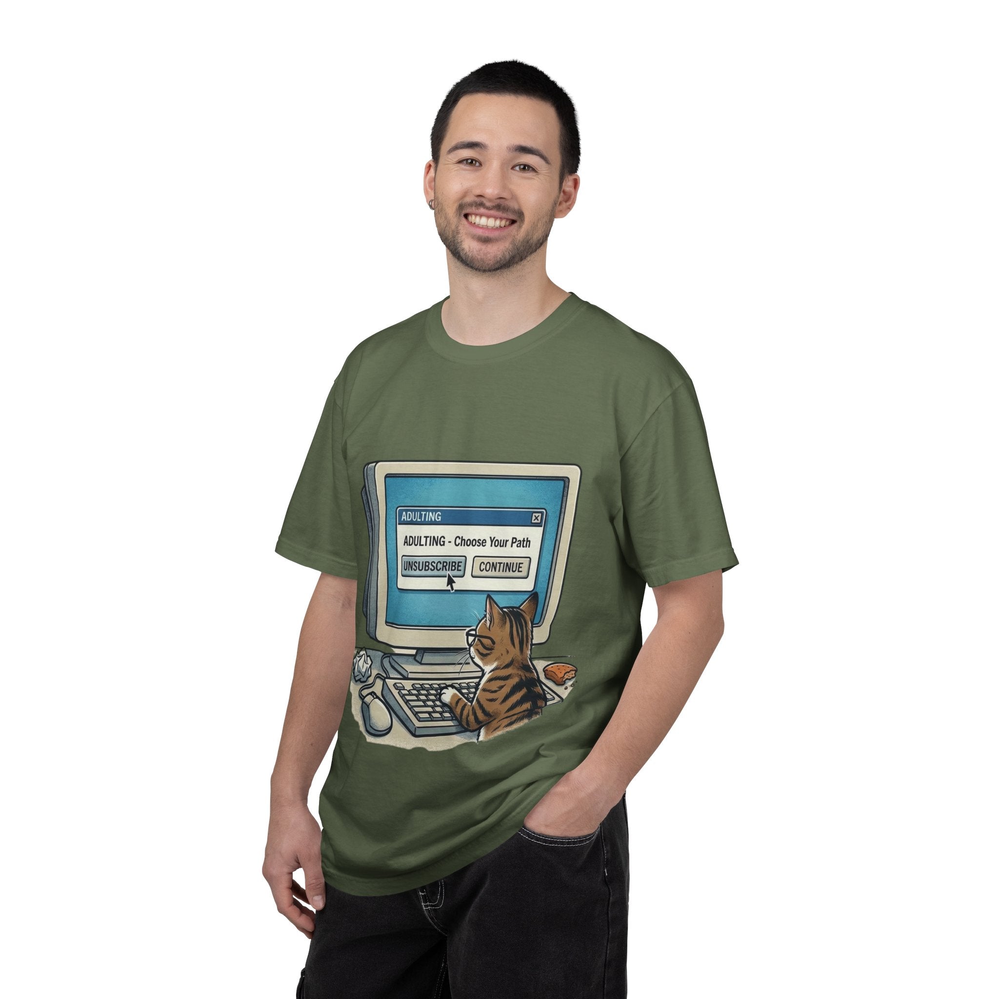 Cat at Computer T-Shirt — "Adulting: Choose Your Path" Graphic Tee