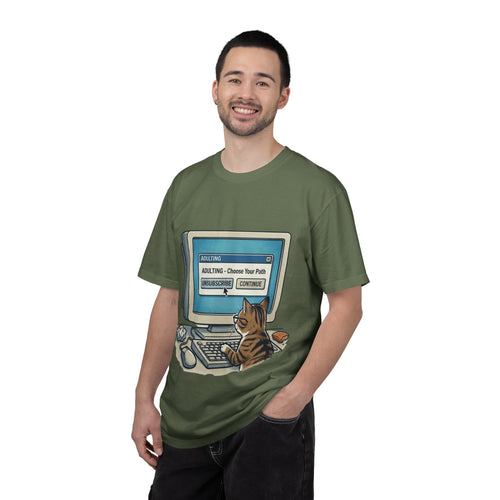 Cat at Computer T-Shirt — "Adulting: Choose Your Path" Graphic Tee