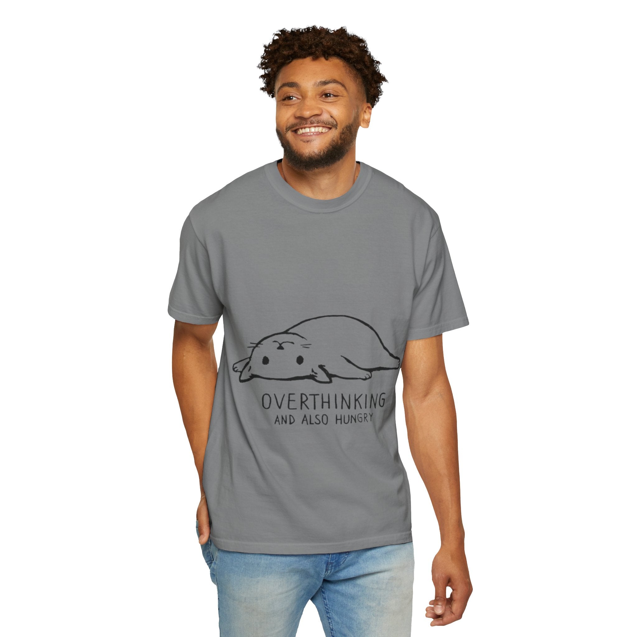 Overthinking and Also Hungry T-Shirt — Cute Lazy Cat Graphic Tee
