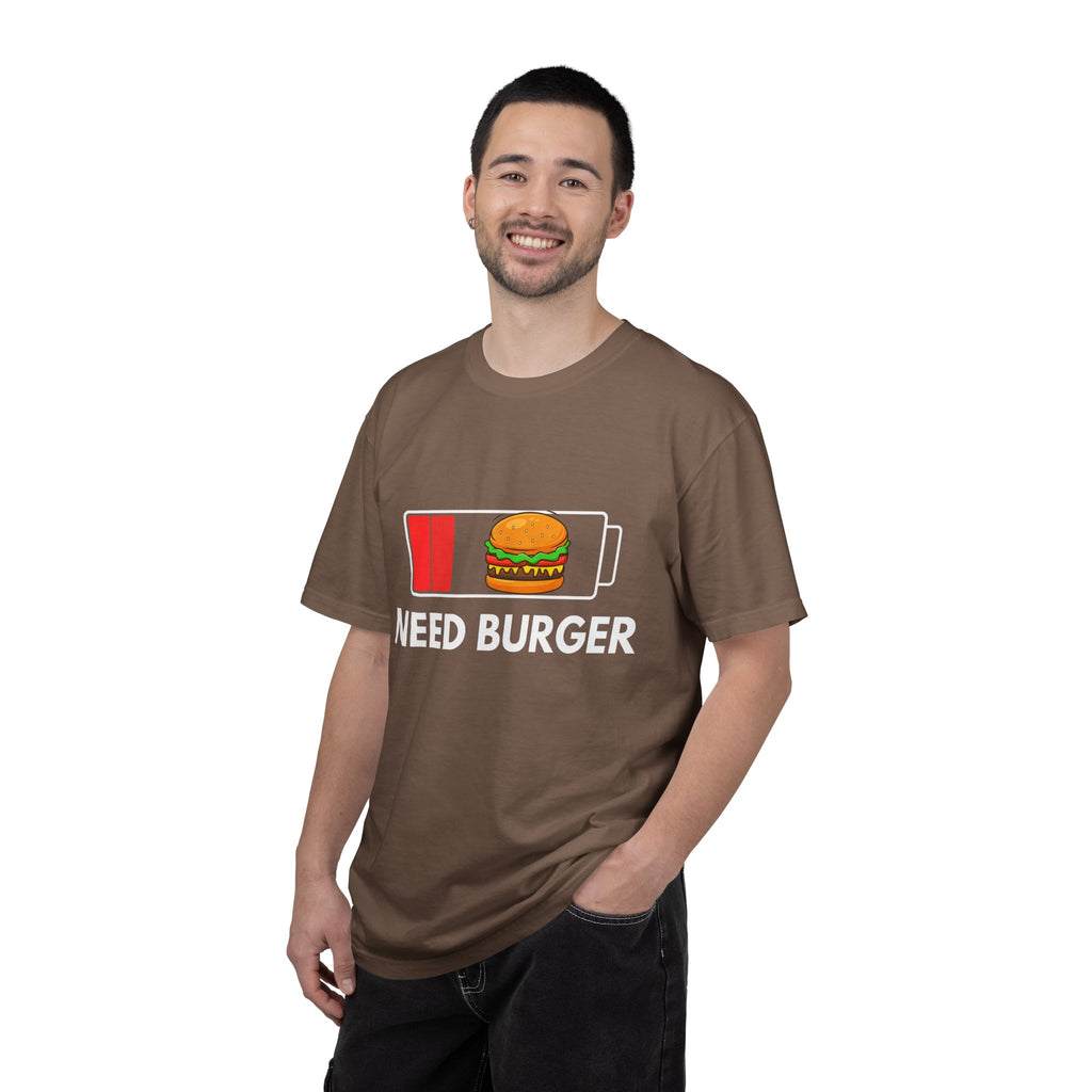 Need Burger T‑Shirt — Funny Low Battery Burger Tee (Never Give Up on Burgers)