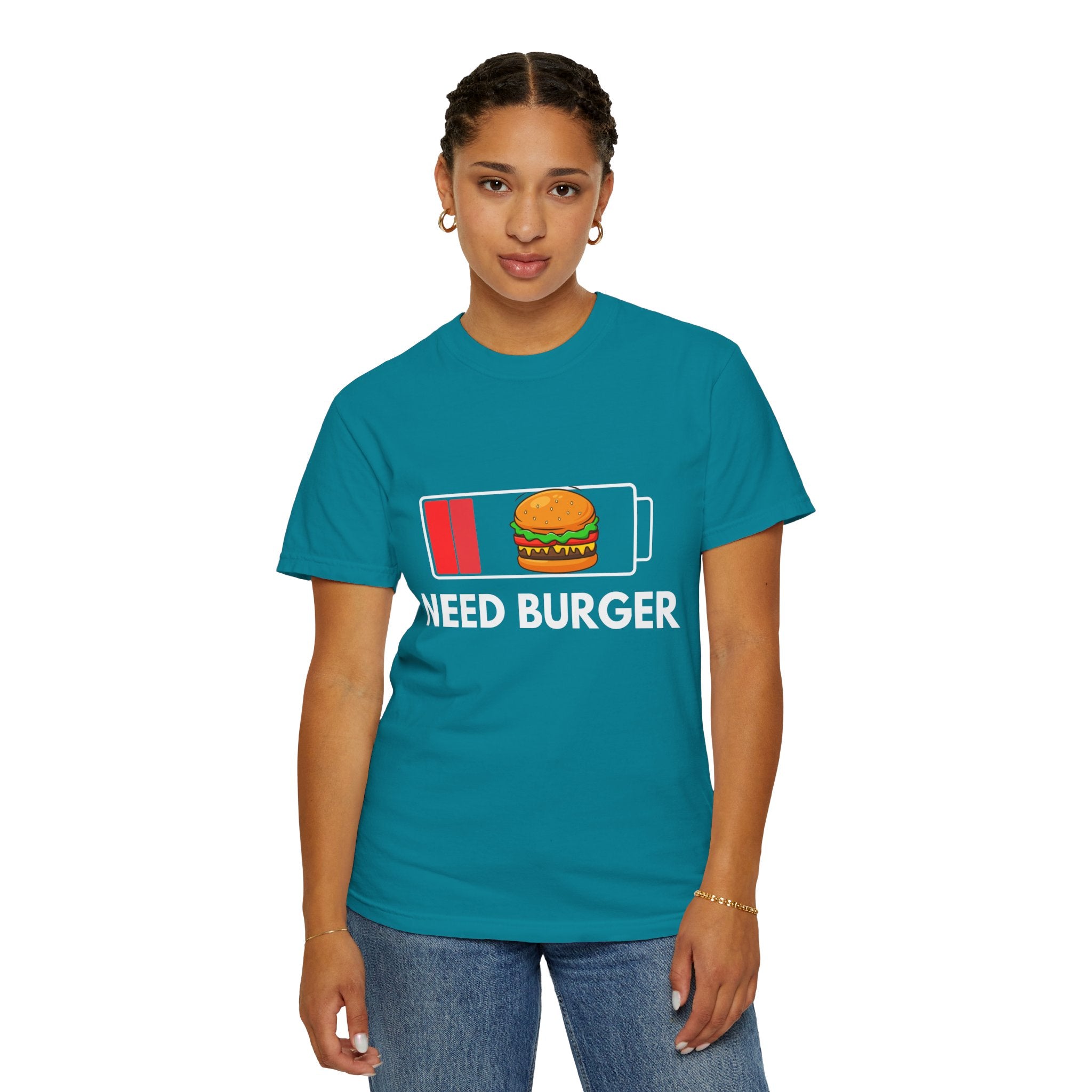 Need Burger T‑Shirt — Funny Low Battery Burger Tee (Never Give Up on Burgers)