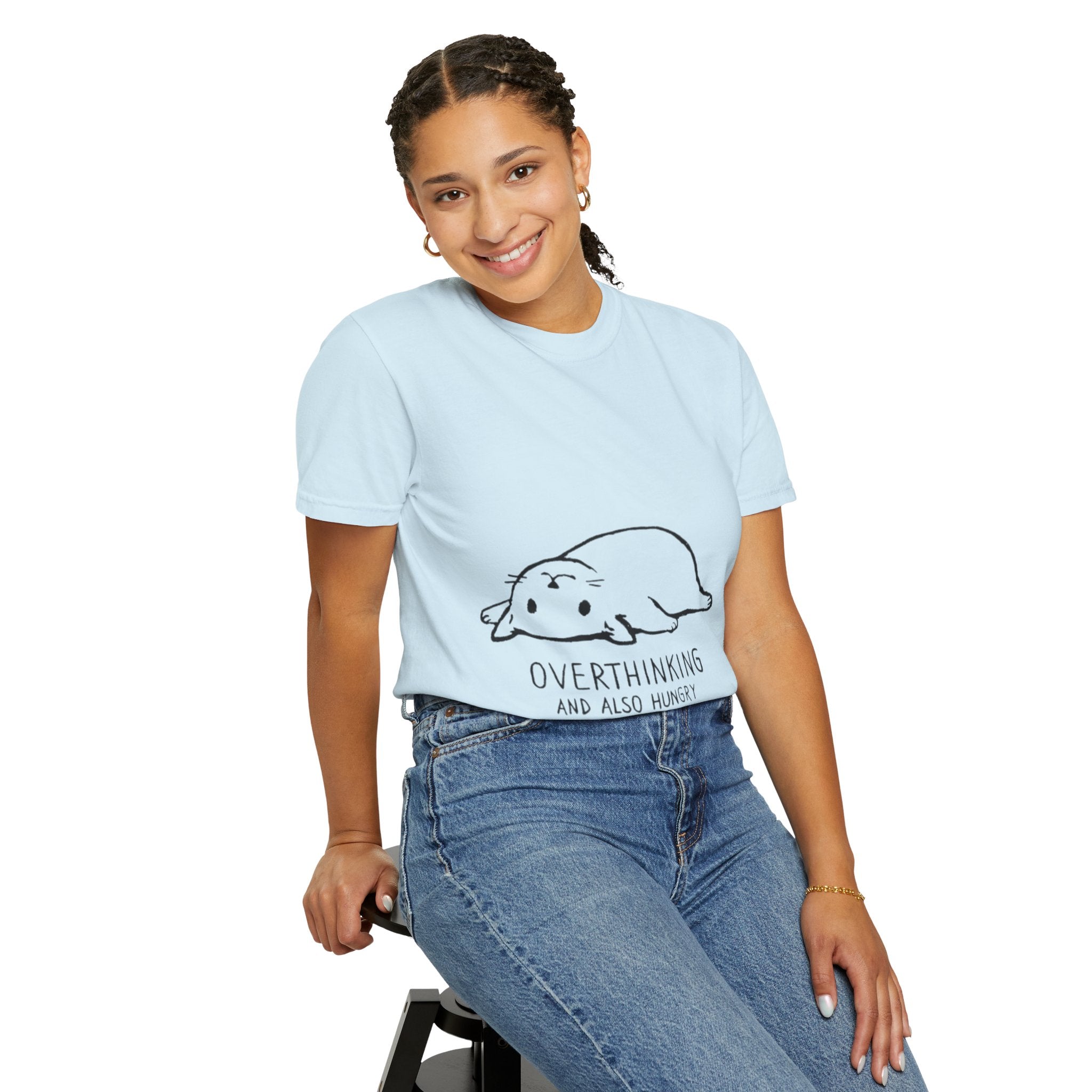 Overthinking and Also Hungry T-Shirt — Cute Lazy Cat Graphic Tee