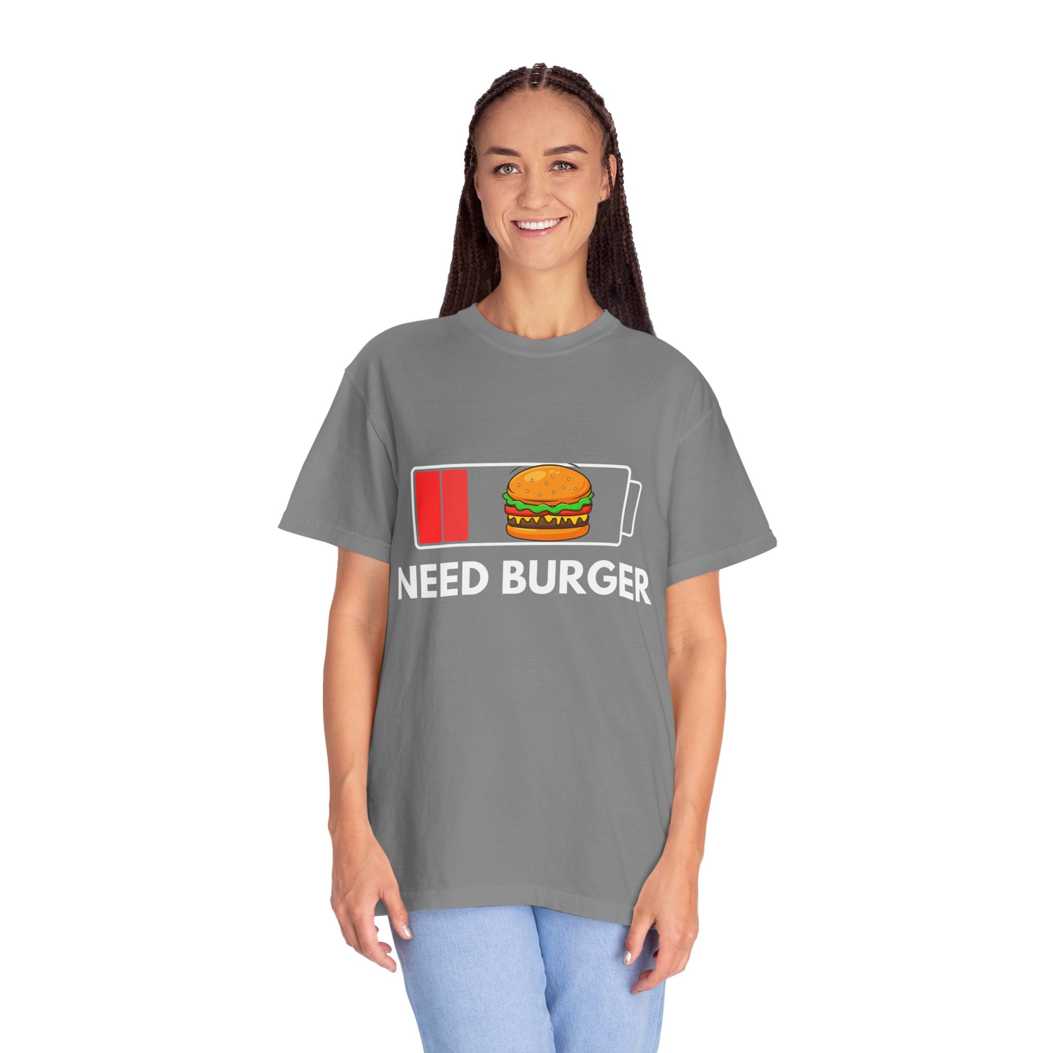 Need Burger T‑Shirt — Funny Low Battery Burger Tee (Never Give Up on Burgers)