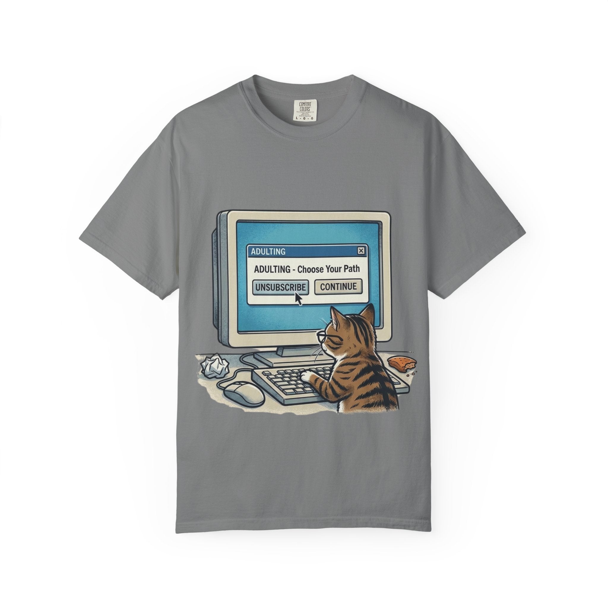 Cat at Computer T-Shirt — "Adulting: Choose Your Path" Graphic Tee