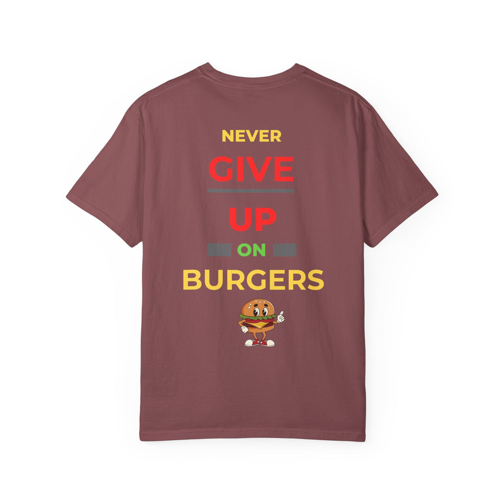 Need Burger T‑Shirt — Funny Low Battery Burger Tee (Never Give Up on Burgers)