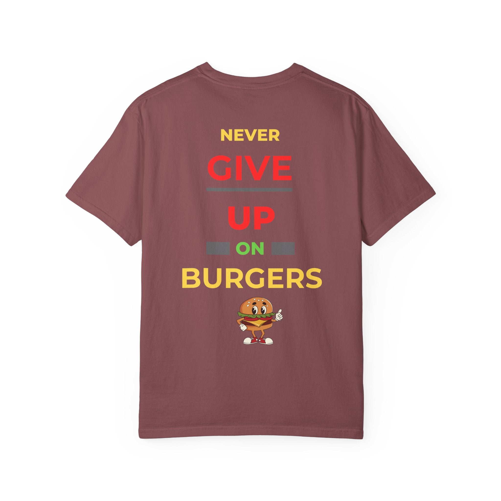 Need Burger T‑Shirt — Funny Low Battery Burger Tee (Never Give Up on Burgers)