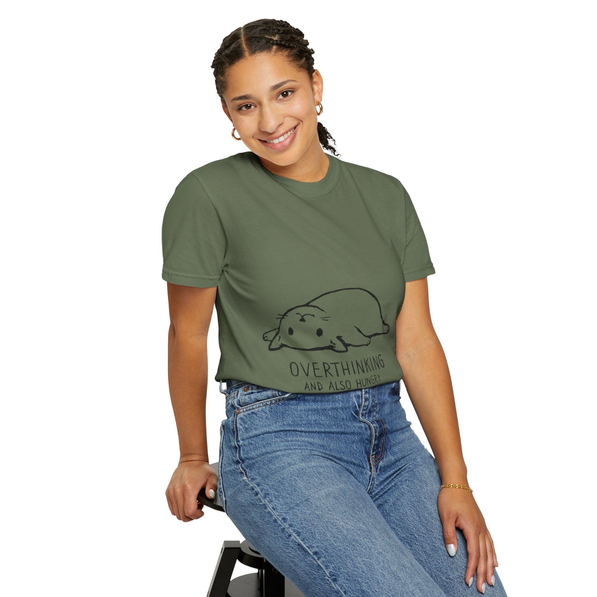 Overthinking and Also Hungry T-Shirt — Cute Lazy Cat Graphic Tee