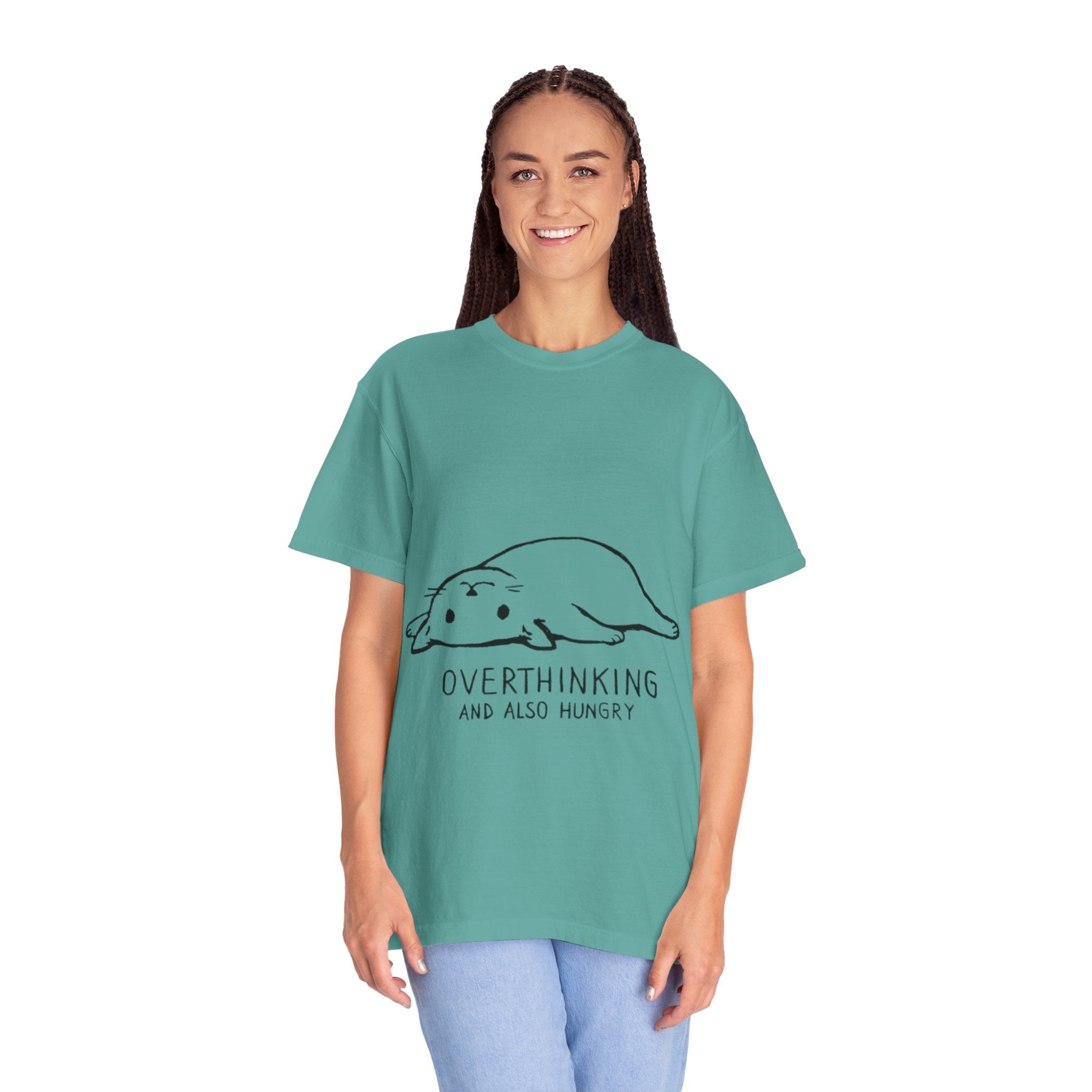 Overthinking and Also Hungry T-Shirt — Cute Lazy Cat Graphic Tee