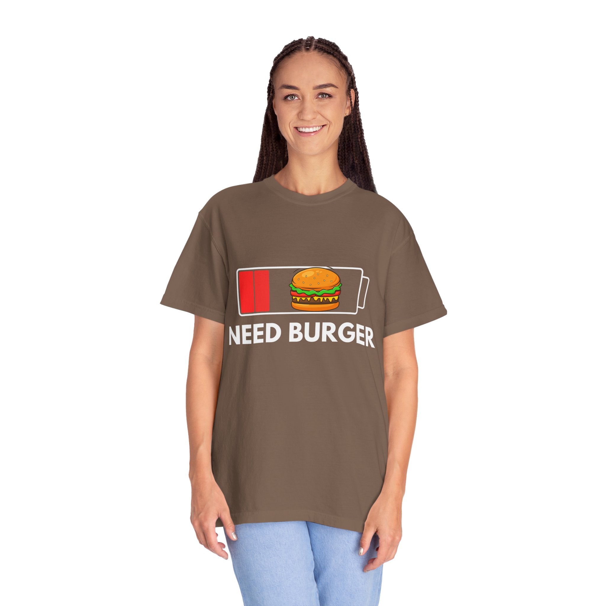Need Burger T‑Shirt — Funny Low Battery Burger Tee (Never Give Up on Burgers)