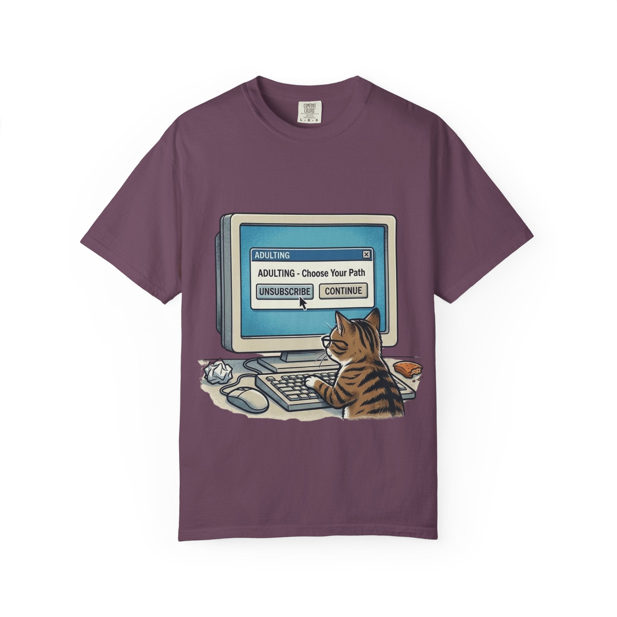 Cat at Computer T-Shirt — "Adulting: Choose Your Path" Graphic Tee