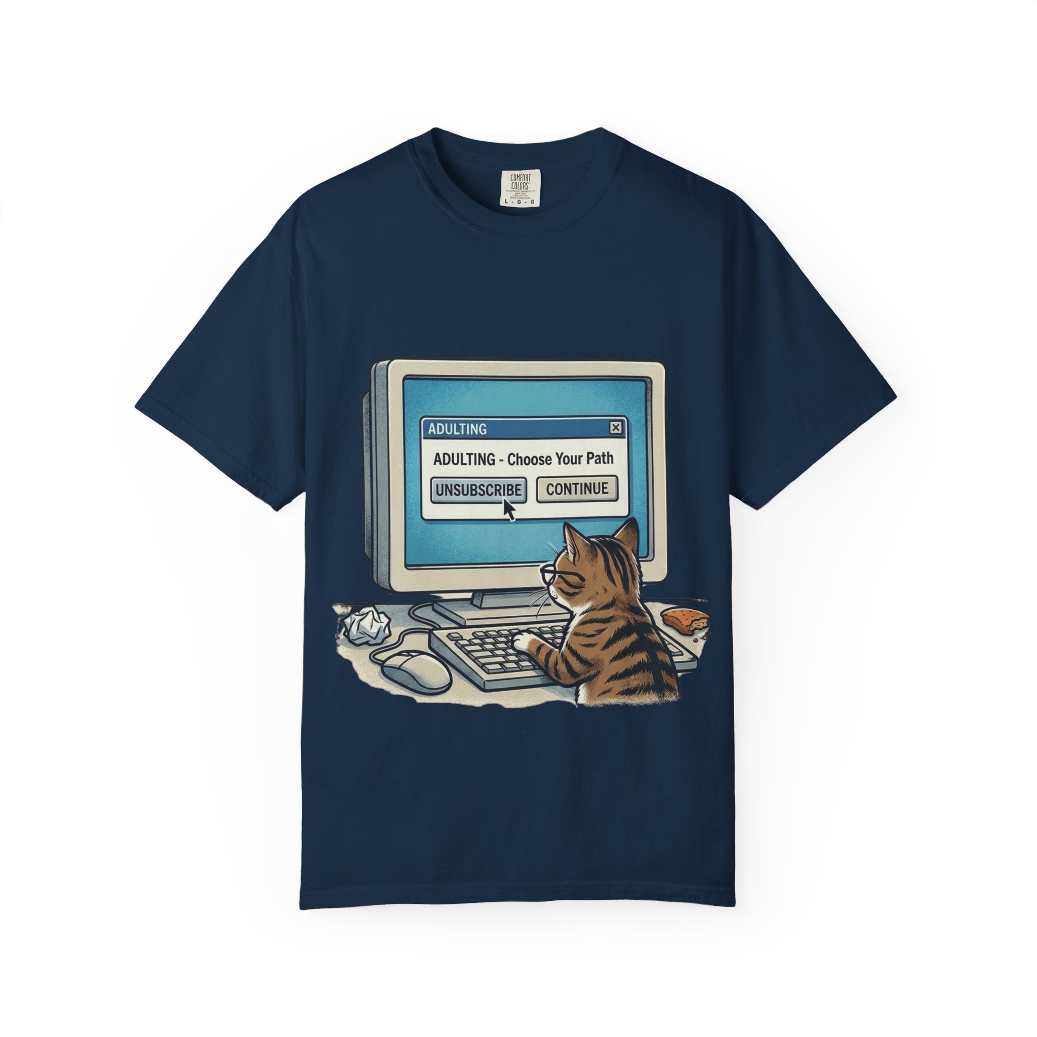 Cat at Computer T-Shirt — "Adulting: Choose Your Path" Graphic Tee