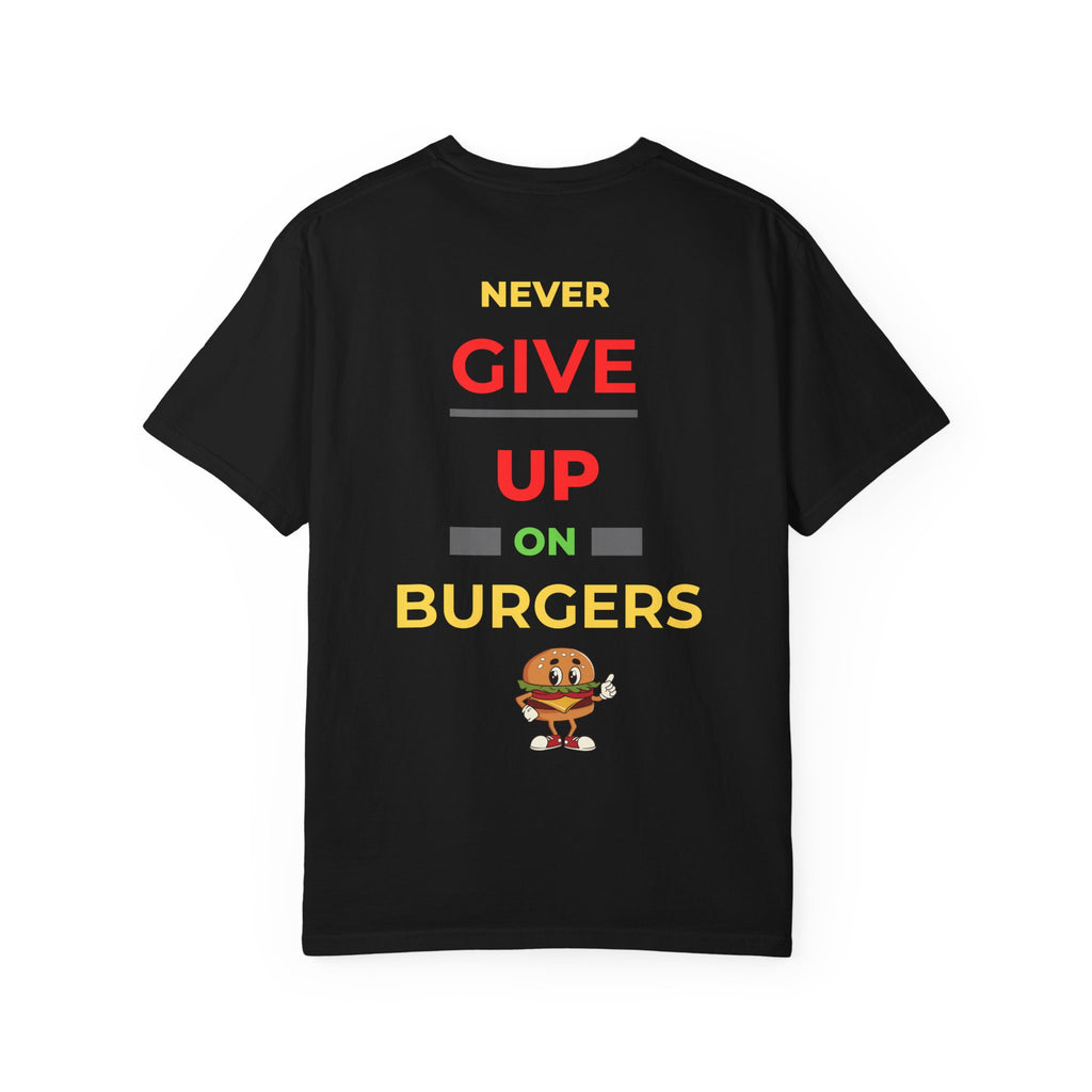 Need Burger T‑Shirt — Funny Low Battery Burger Tee (Never Give Up on Burgers)