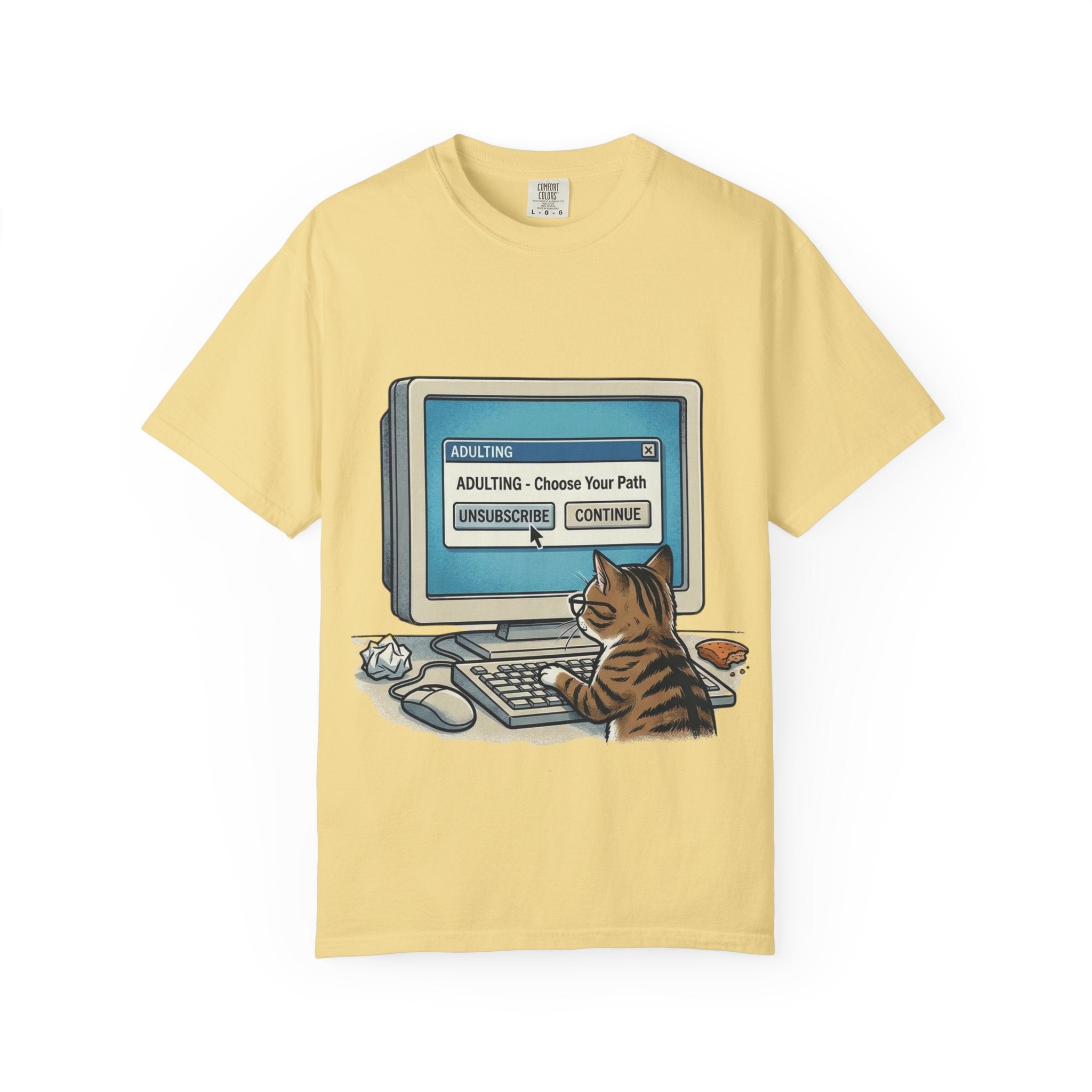 Cat at Computer T-Shirt — "Adulting: Choose Your Path" Graphic Tee