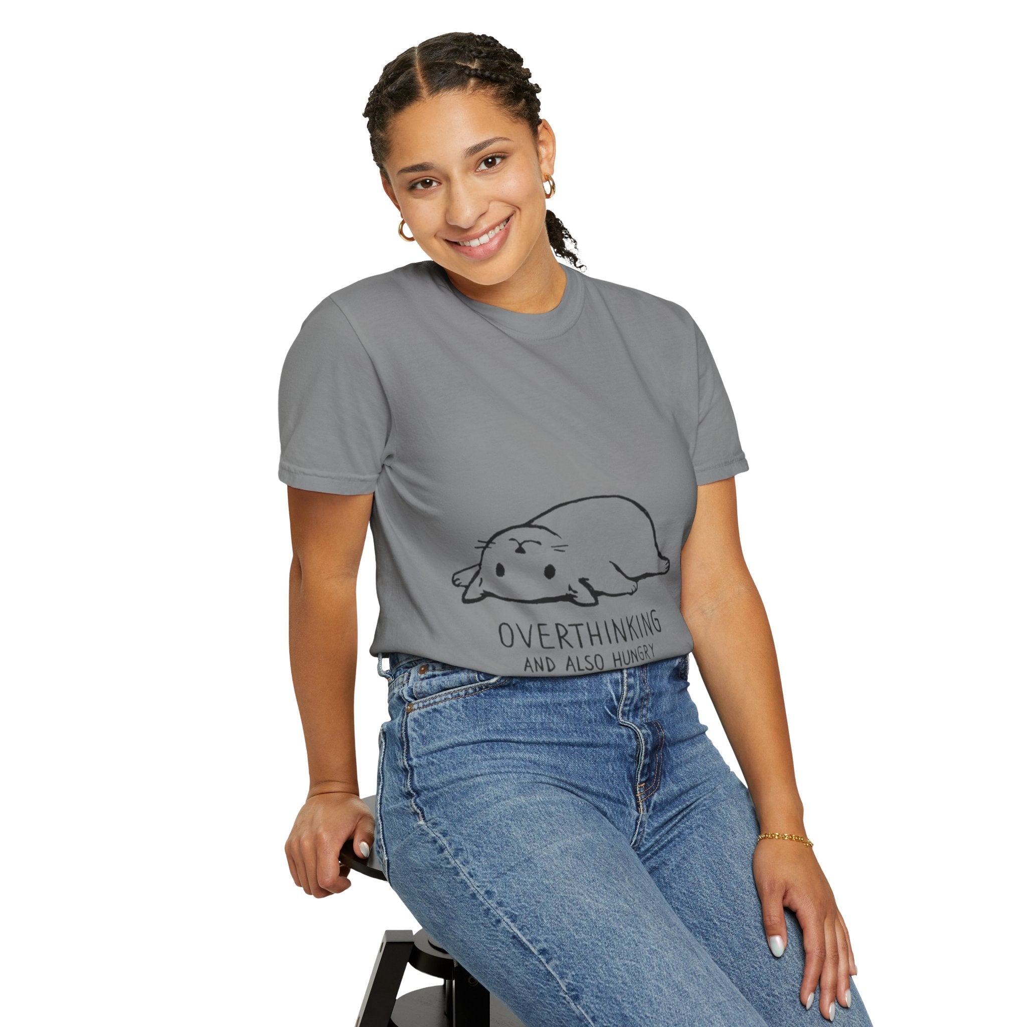 Overthinking and Also Hungry T-Shirt — Cute Lazy Cat Graphic Tee