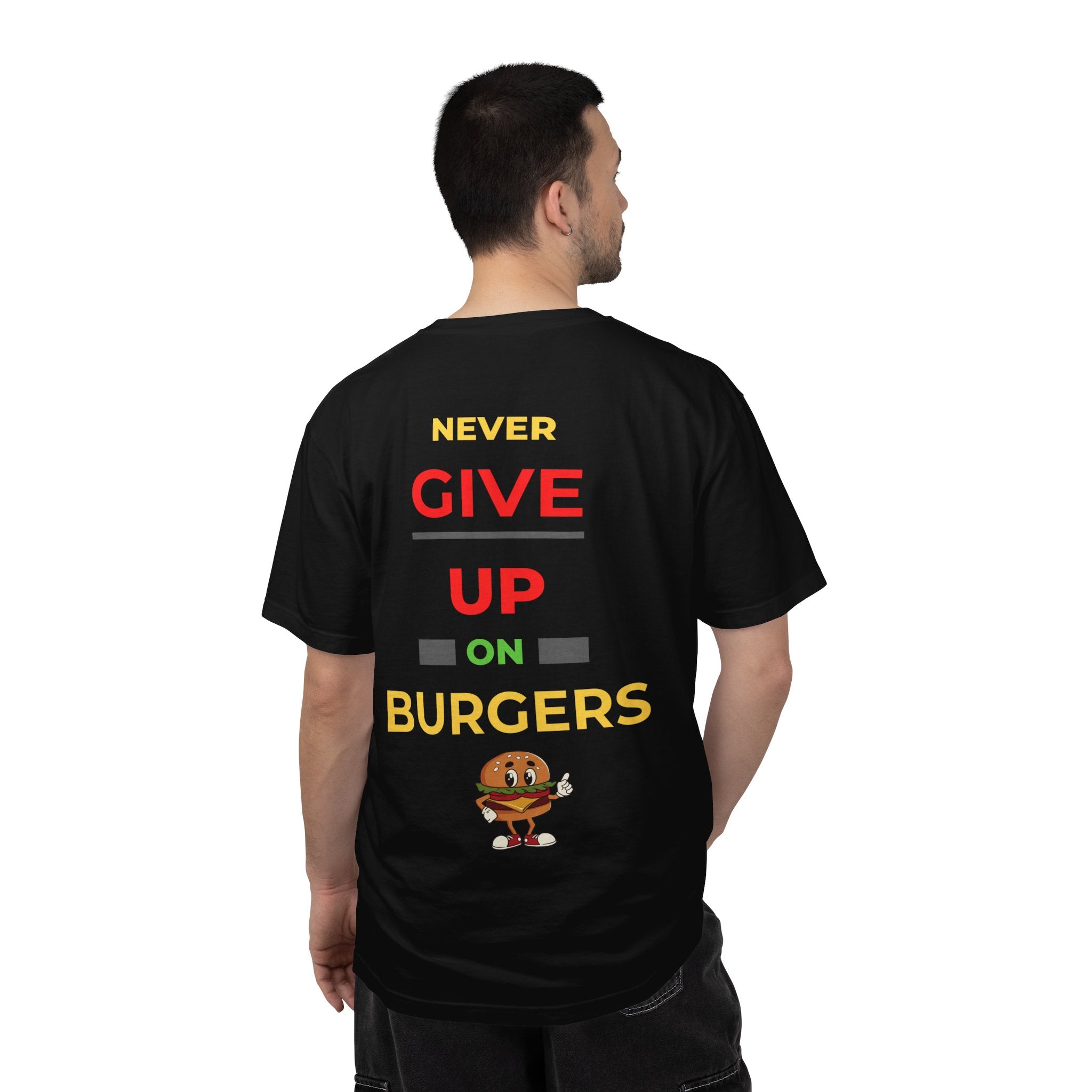 Need Burger T‑Shirt — Funny Low Battery Burger Tee (Never Give Up on Burgers)