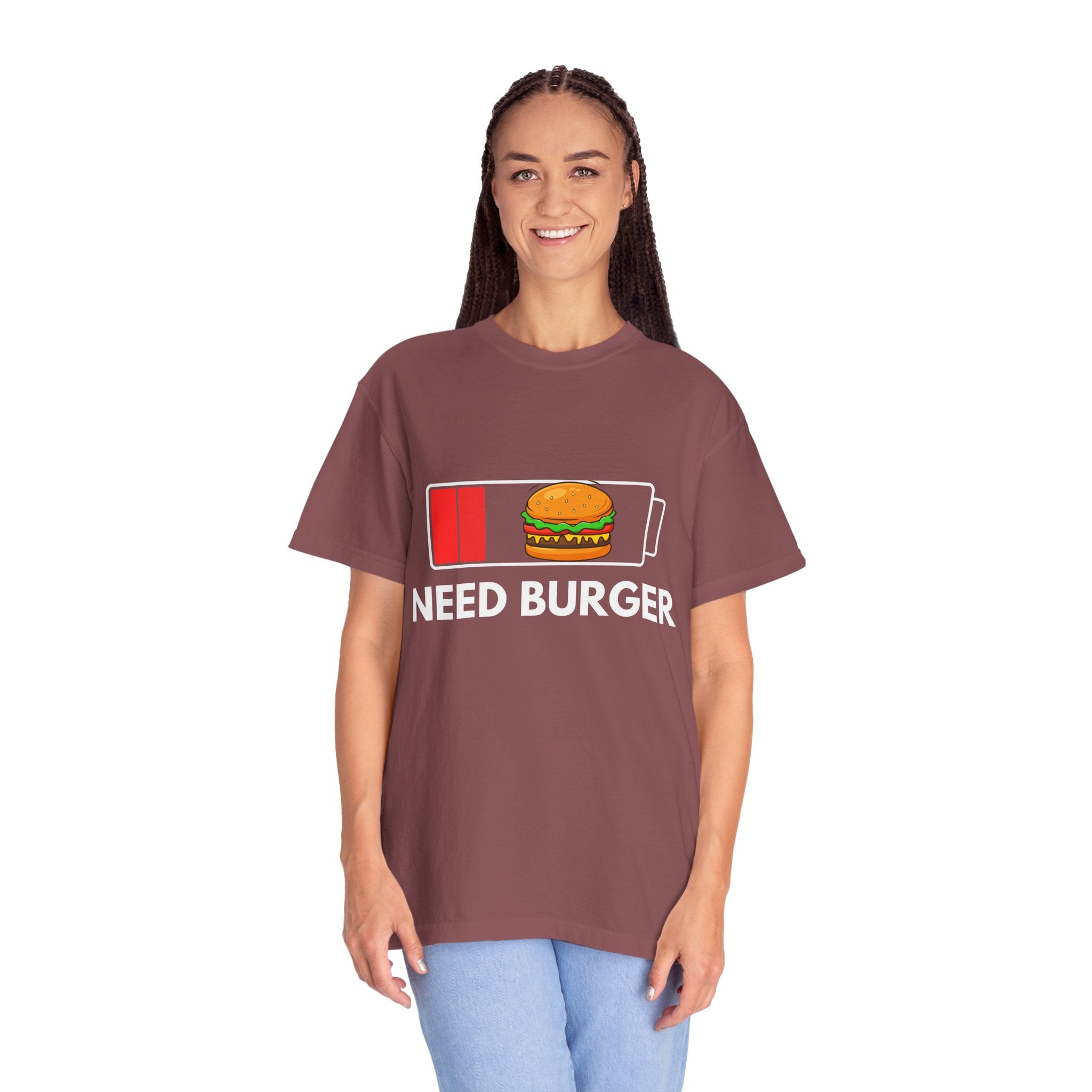 Need Burger T‑Shirt — Funny Low Battery Burger Tee (Never Give Up on Burgers)
