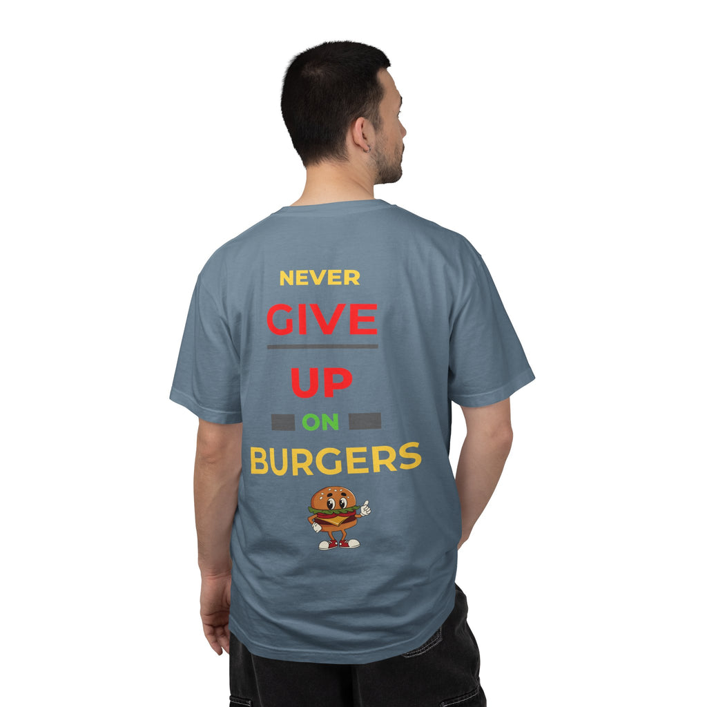Need Burger T‑Shirt — Funny Low Battery Burger Tee (Never Give Up on Burgers)