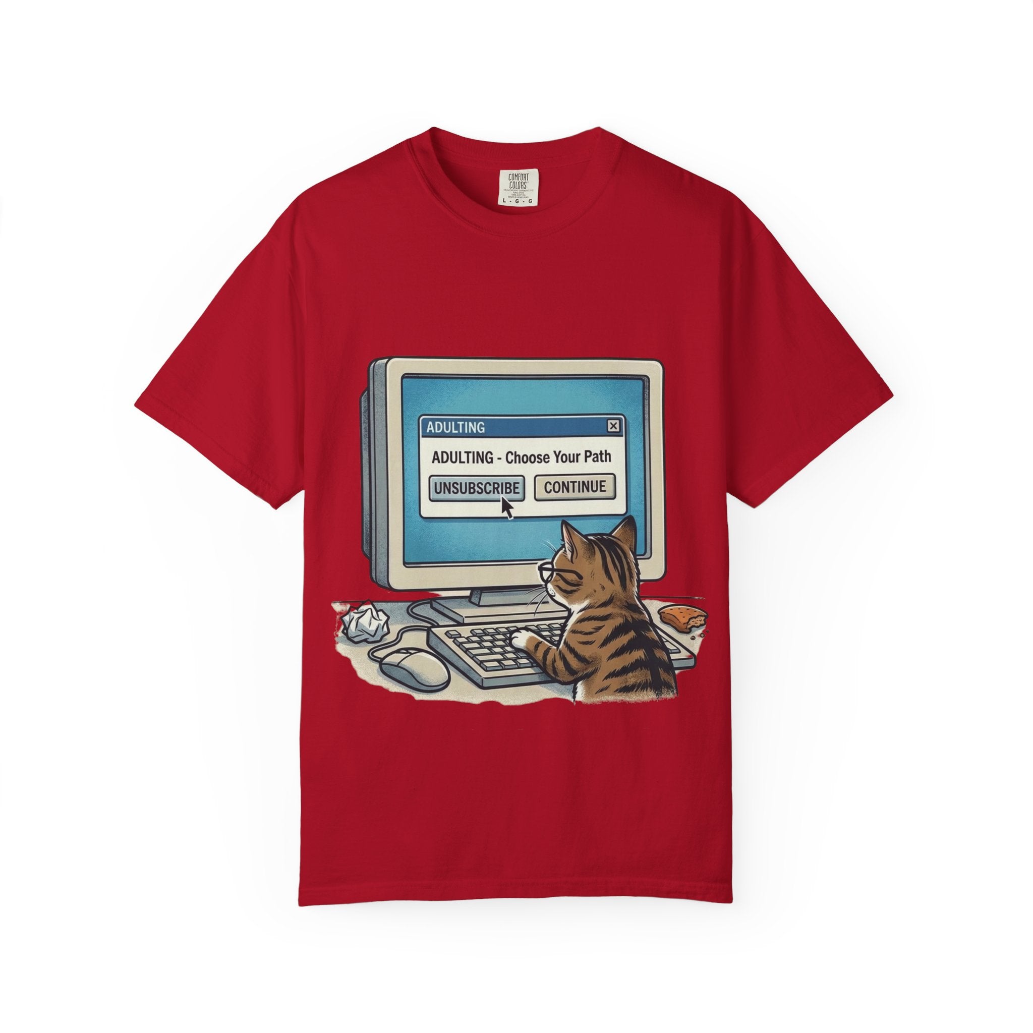 Cat at Computer T-Shirt — "Adulting: Choose Your Path" Graphic Tee