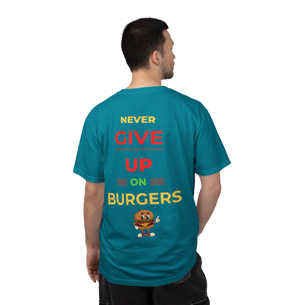 Need Burger T‑Shirt — Funny Low Battery Burger Tee (Never Give Up on Burgers)