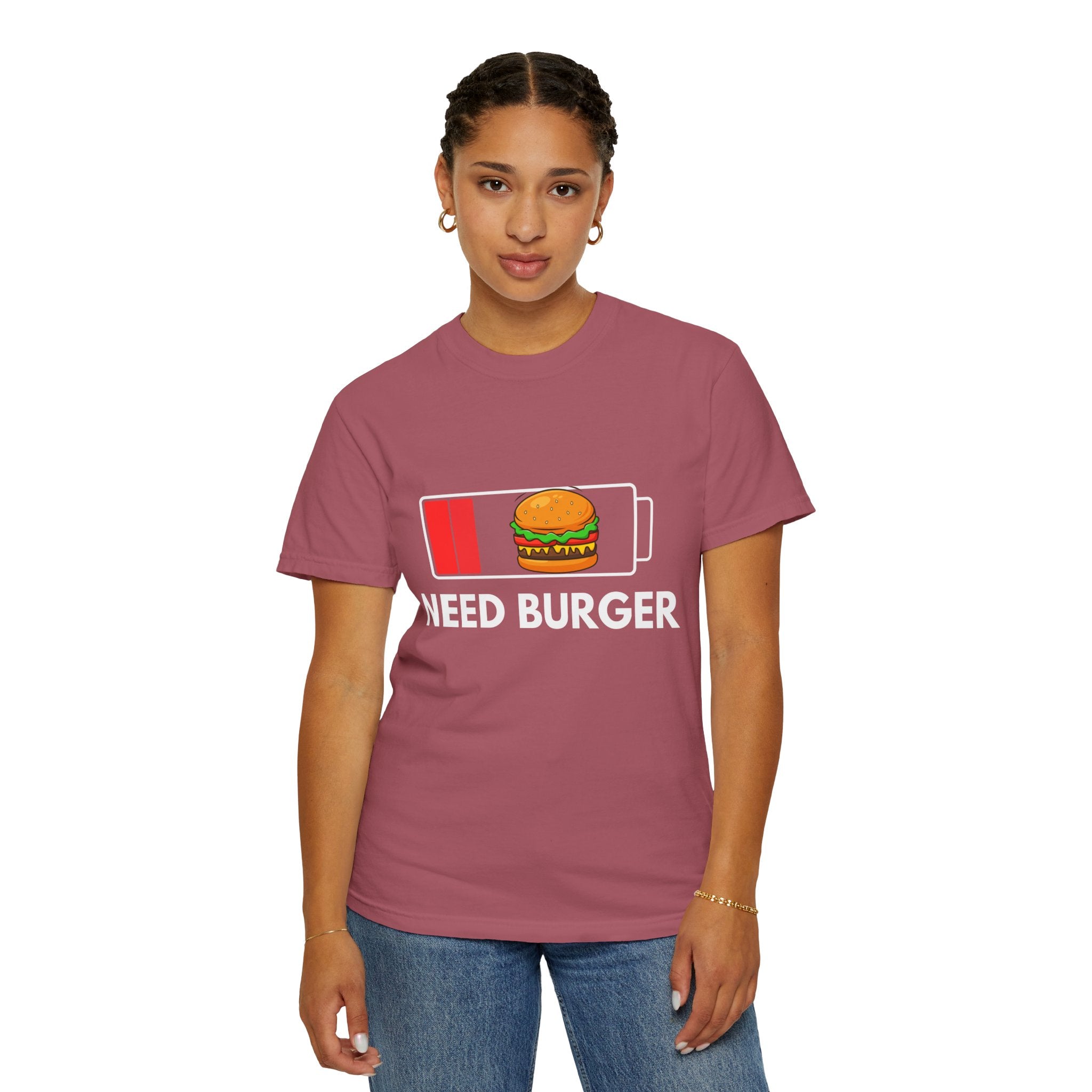 Need Burger T‑Shirt — Funny Low Battery Burger Tee (Never Give Up on Burgers)
