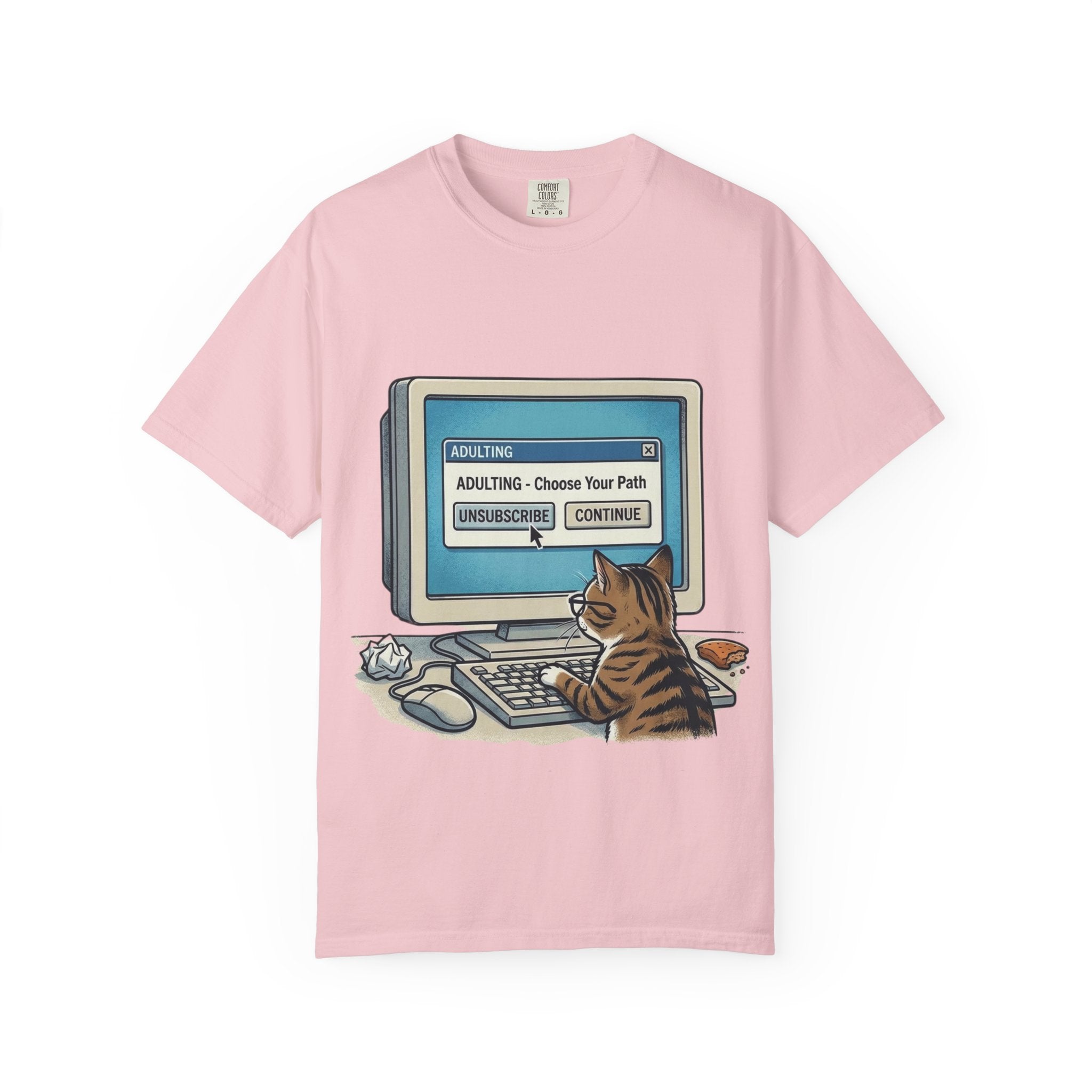 Cat at Computer T-Shirt — "Adulting: Choose Your Path" Graphic Tee