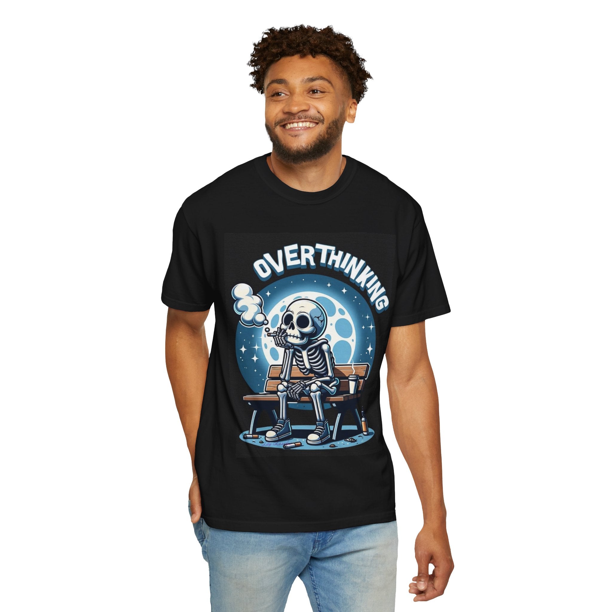 Overthinking Skeleton T-Shirt — Funny Moody Skull Tee for Anxious Thinkers
