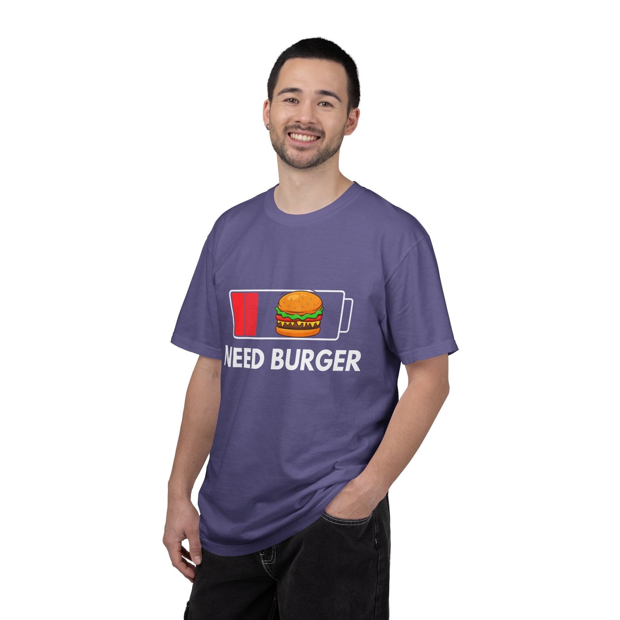 Need Burger T‑Shirt — Funny Low Battery Burger Tee (Never Give Up on Burgers)