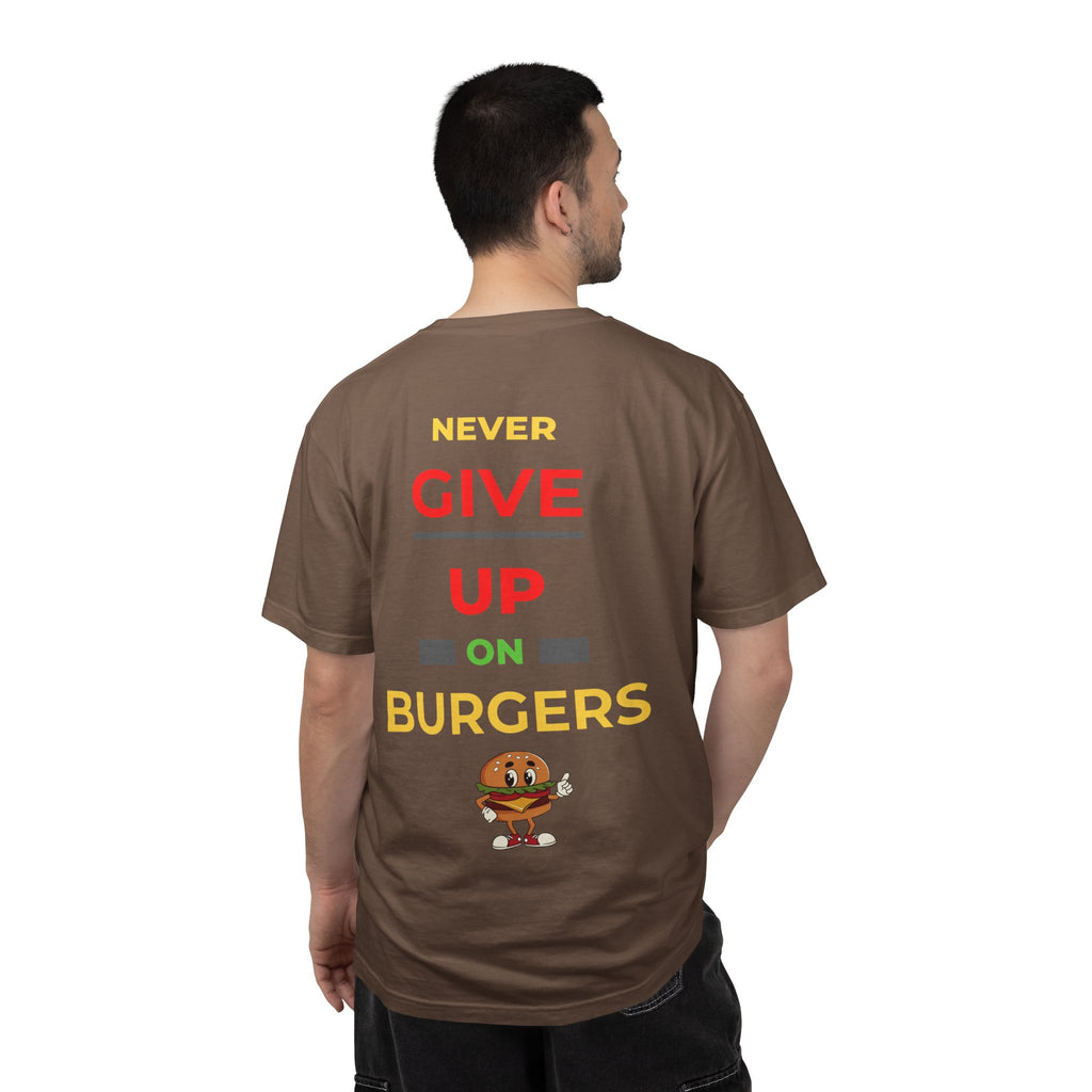 Need Burger T‑Shirt — Funny Low Battery Burger Tee (Never Give Up on Burgers)
