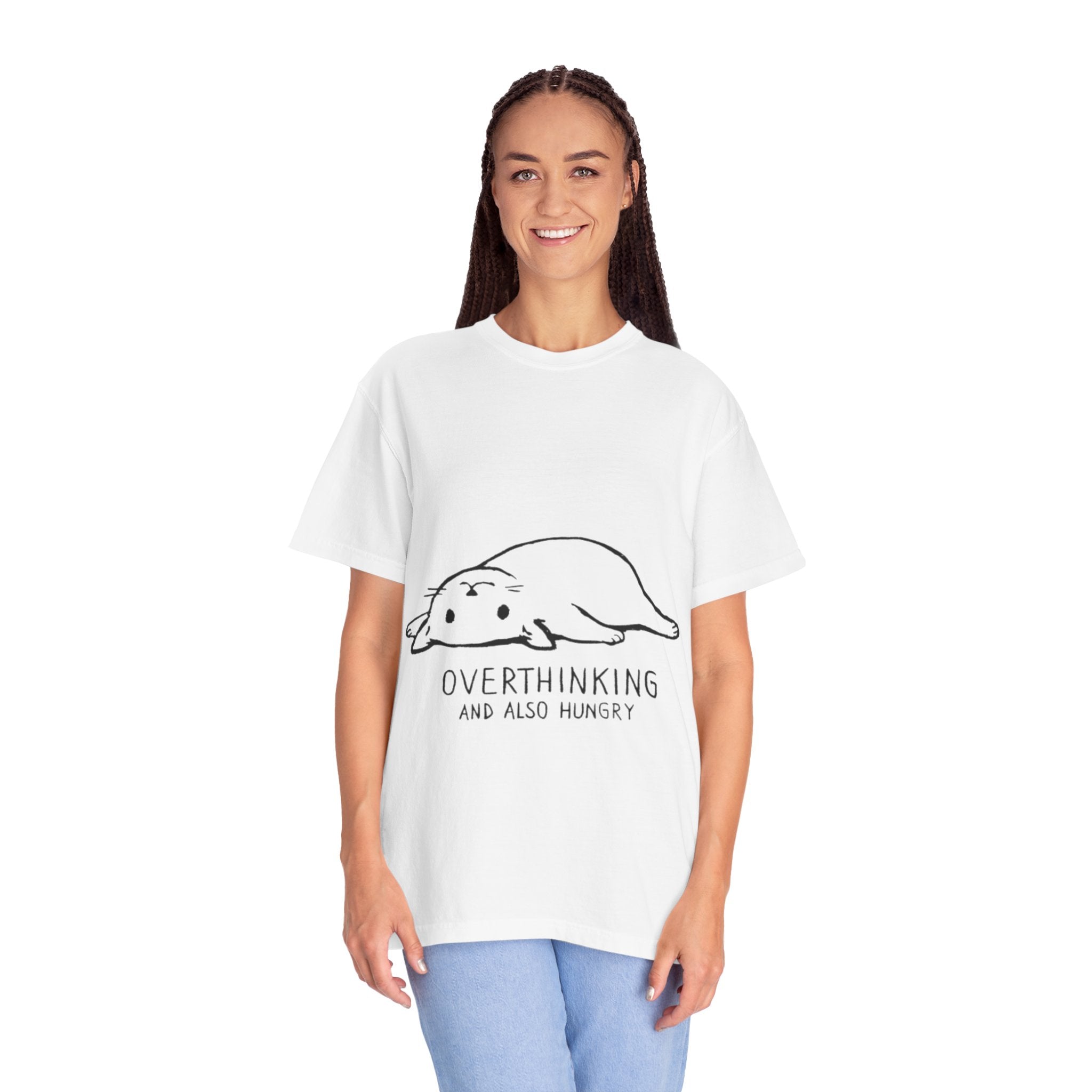 Overthinking and Also Hungry T-Shirt — Cute Lazy Cat Graphic Tee