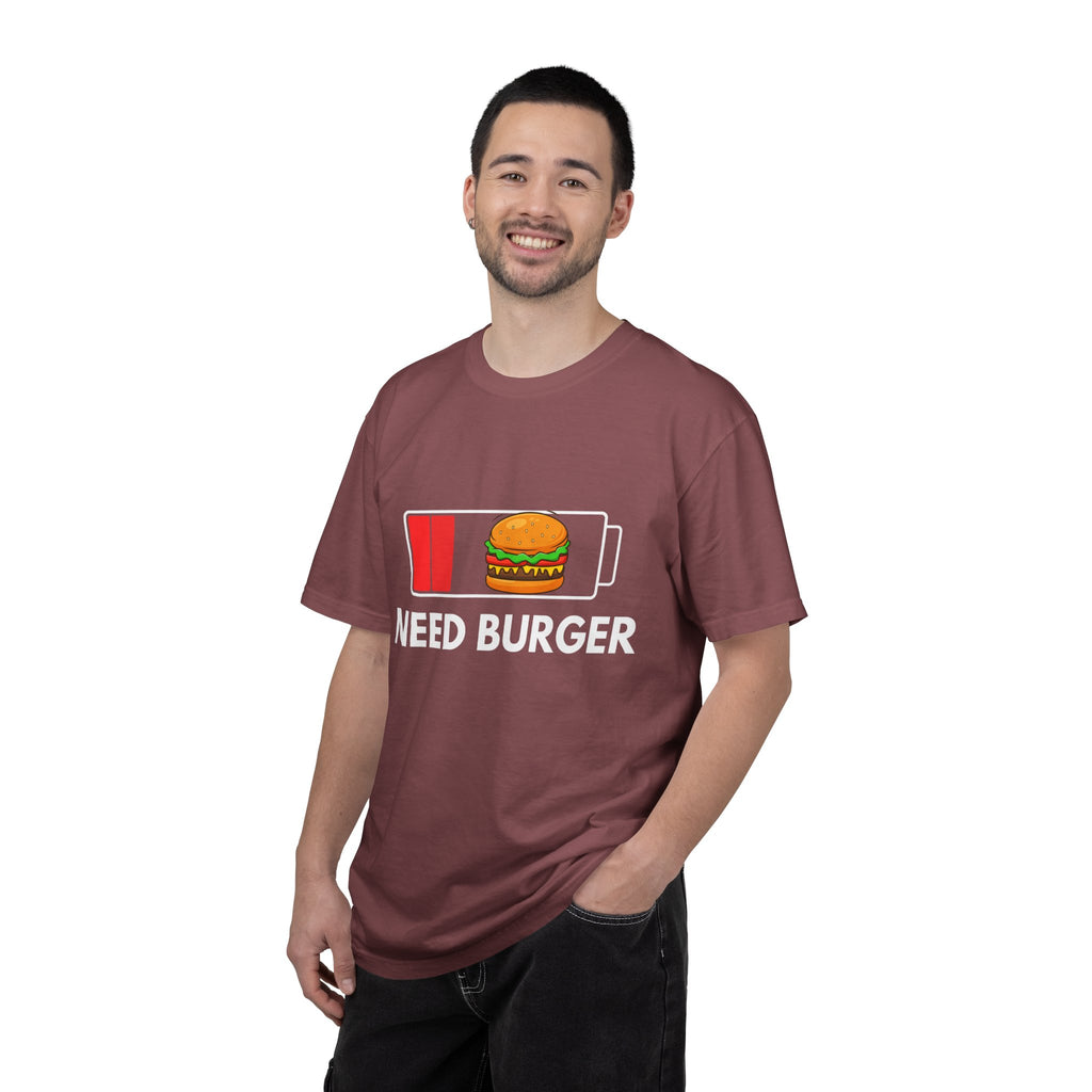 Need Burger T‑Shirt — Funny Low Battery Burger Tee (Never Give Up on Burgers)