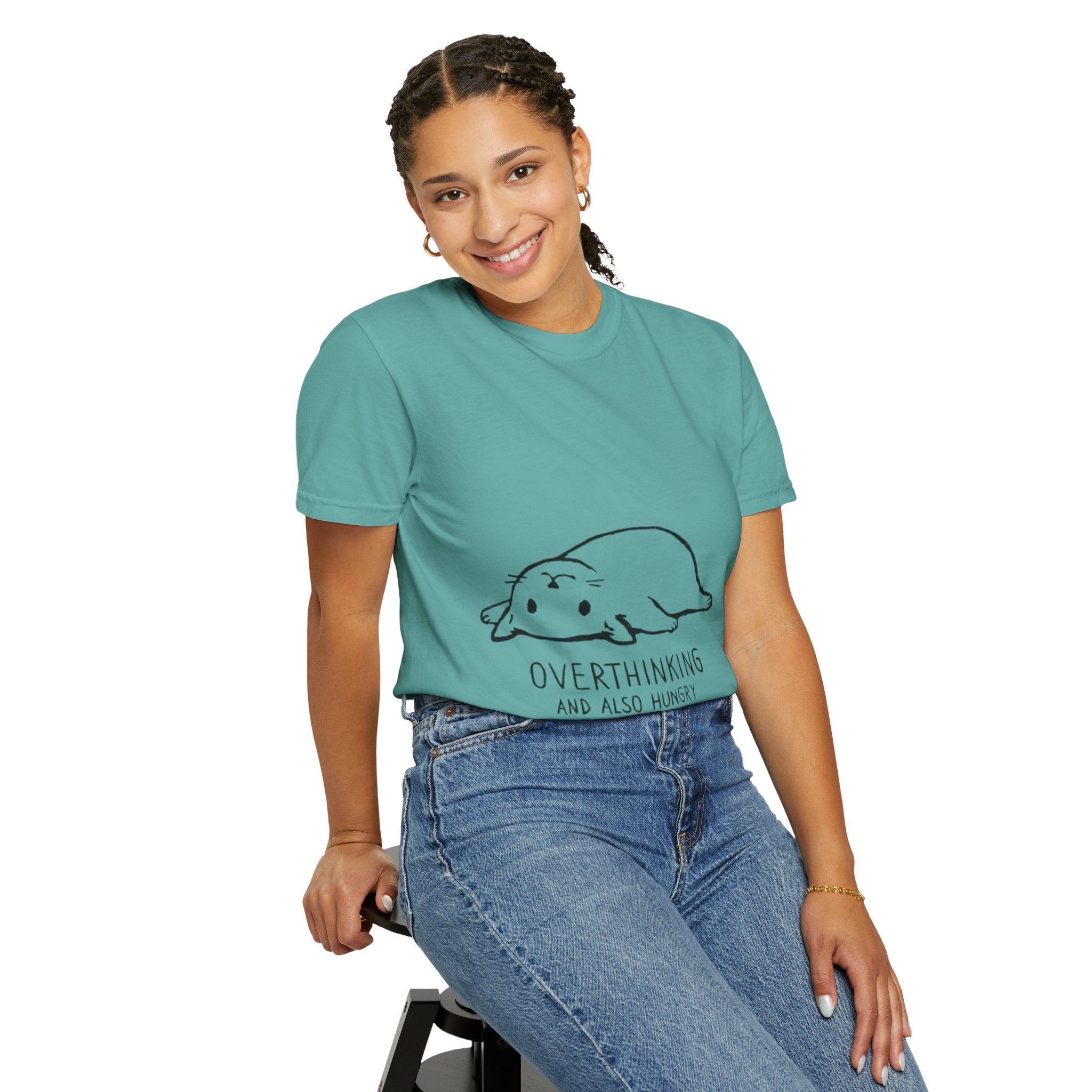 Overthinking and Also Hungry T-Shirt — Cute Lazy Cat Graphic Tee