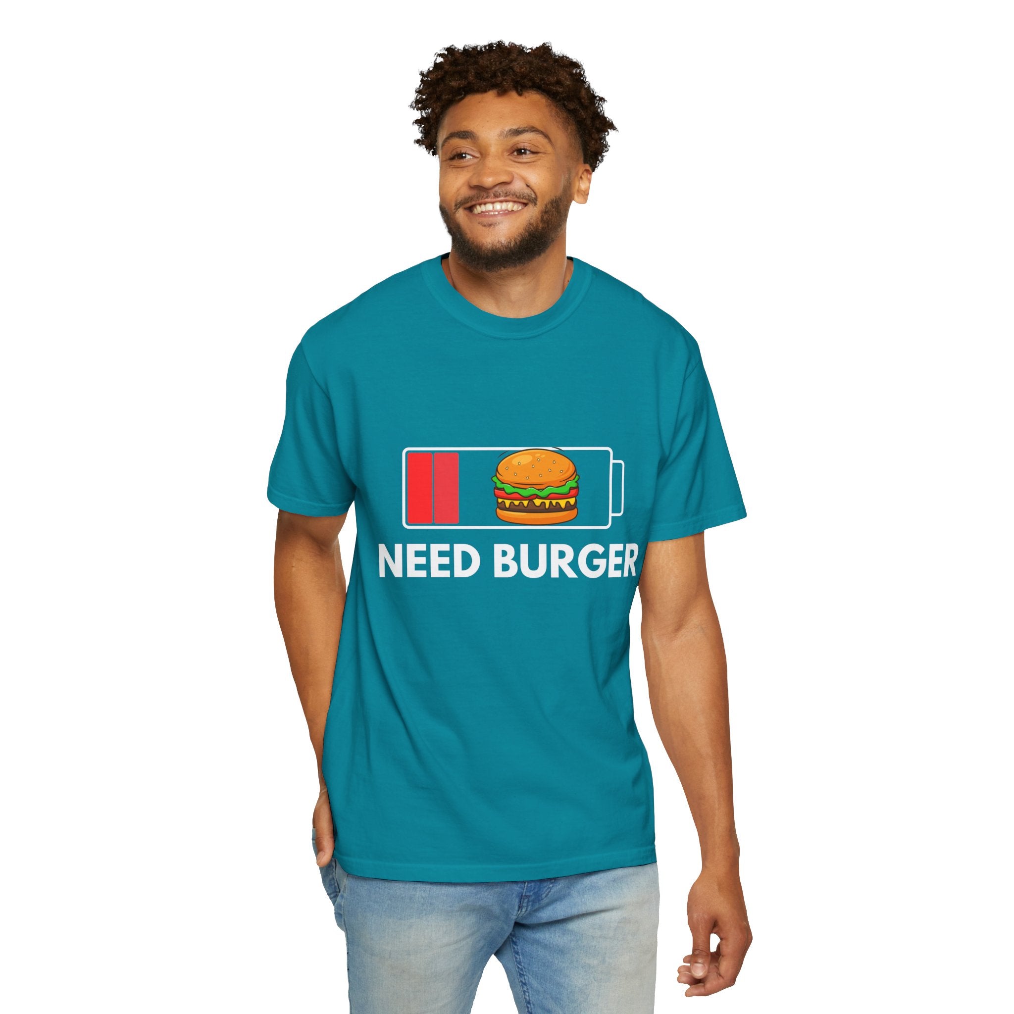 Need Burger T‑Shirt — Funny Low Battery Burger Tee (Never Give Up on Burgers)
