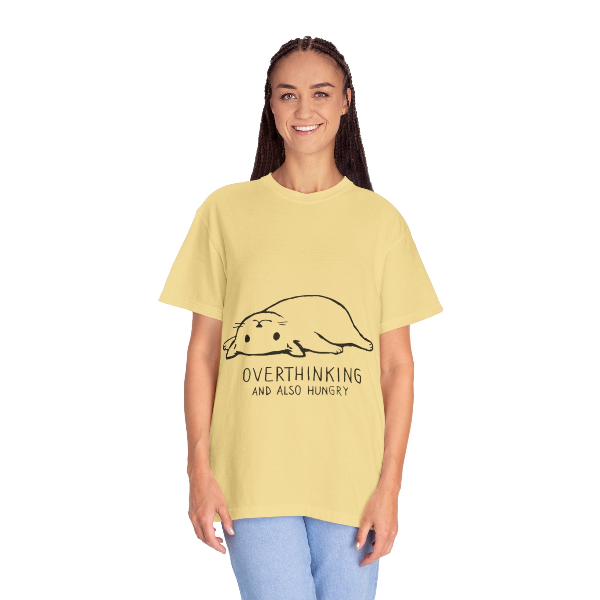 Overthinking and Also Hungry T-Shirt — Cute Lazy Cat Graphic Tee