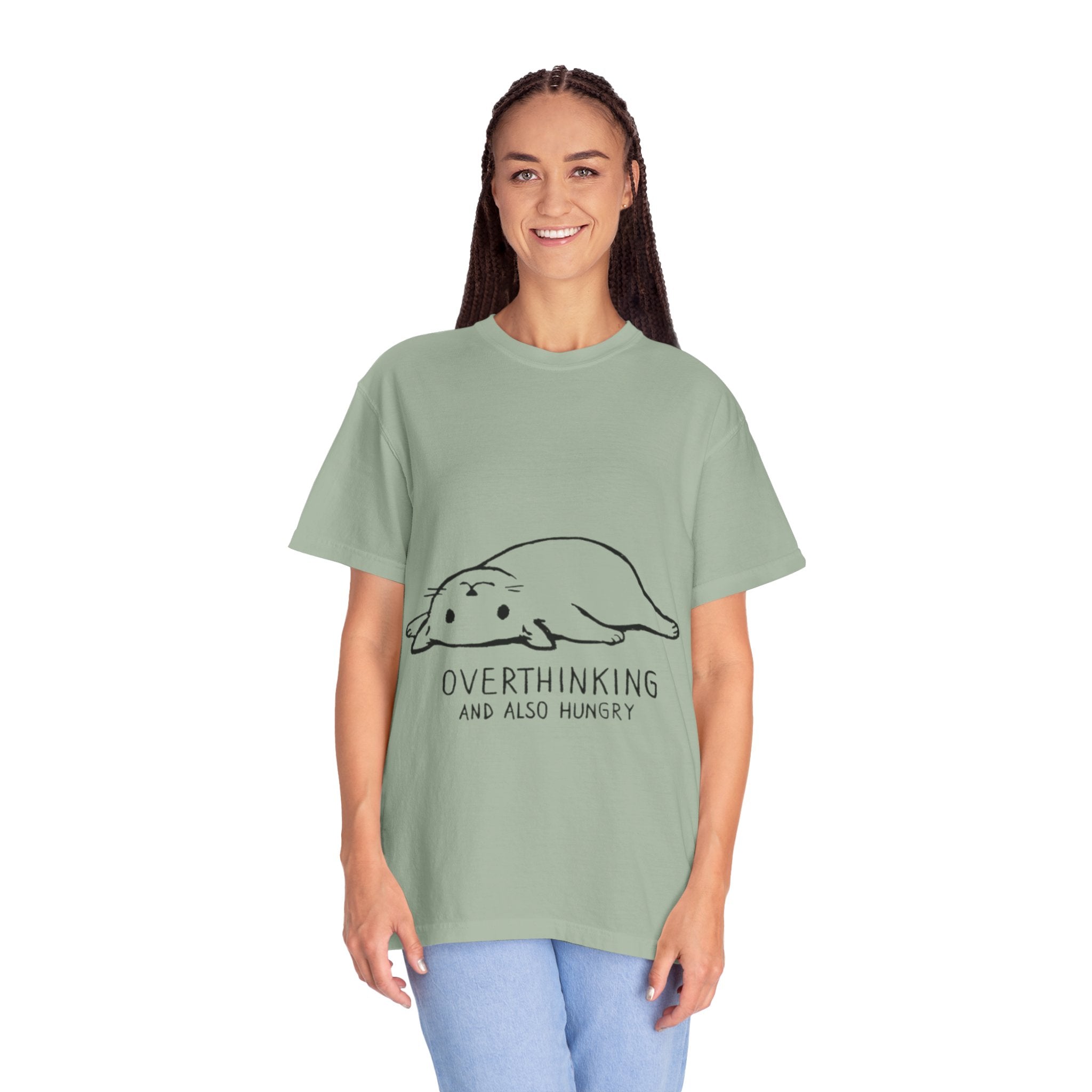 Overthinking and Also Hungry T-Shirt — Cute Lazy Cat Graphic Tee