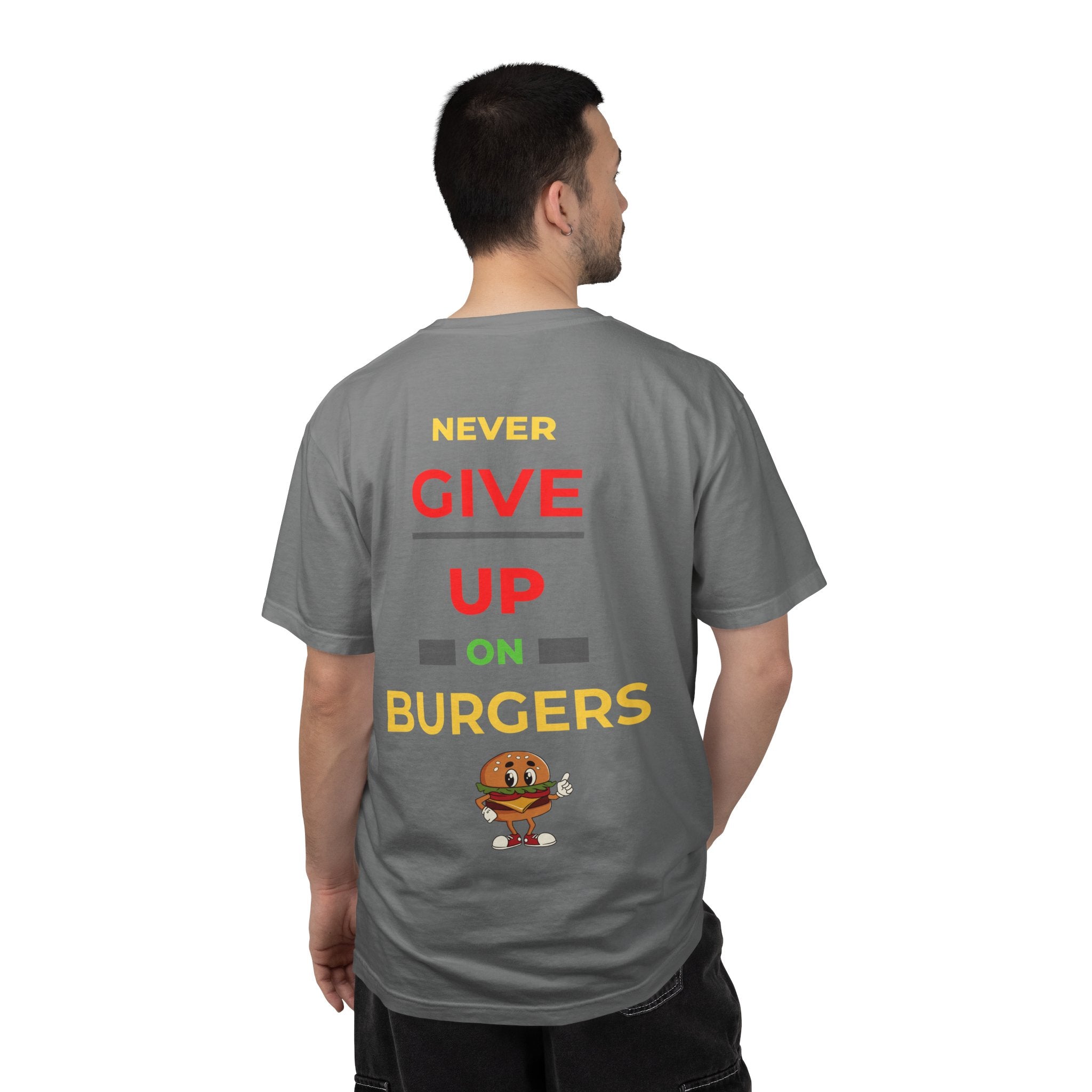 Need Burger T‑Shirt — Funny Low Battery Burger Tee (Never Give Up on Burgers)